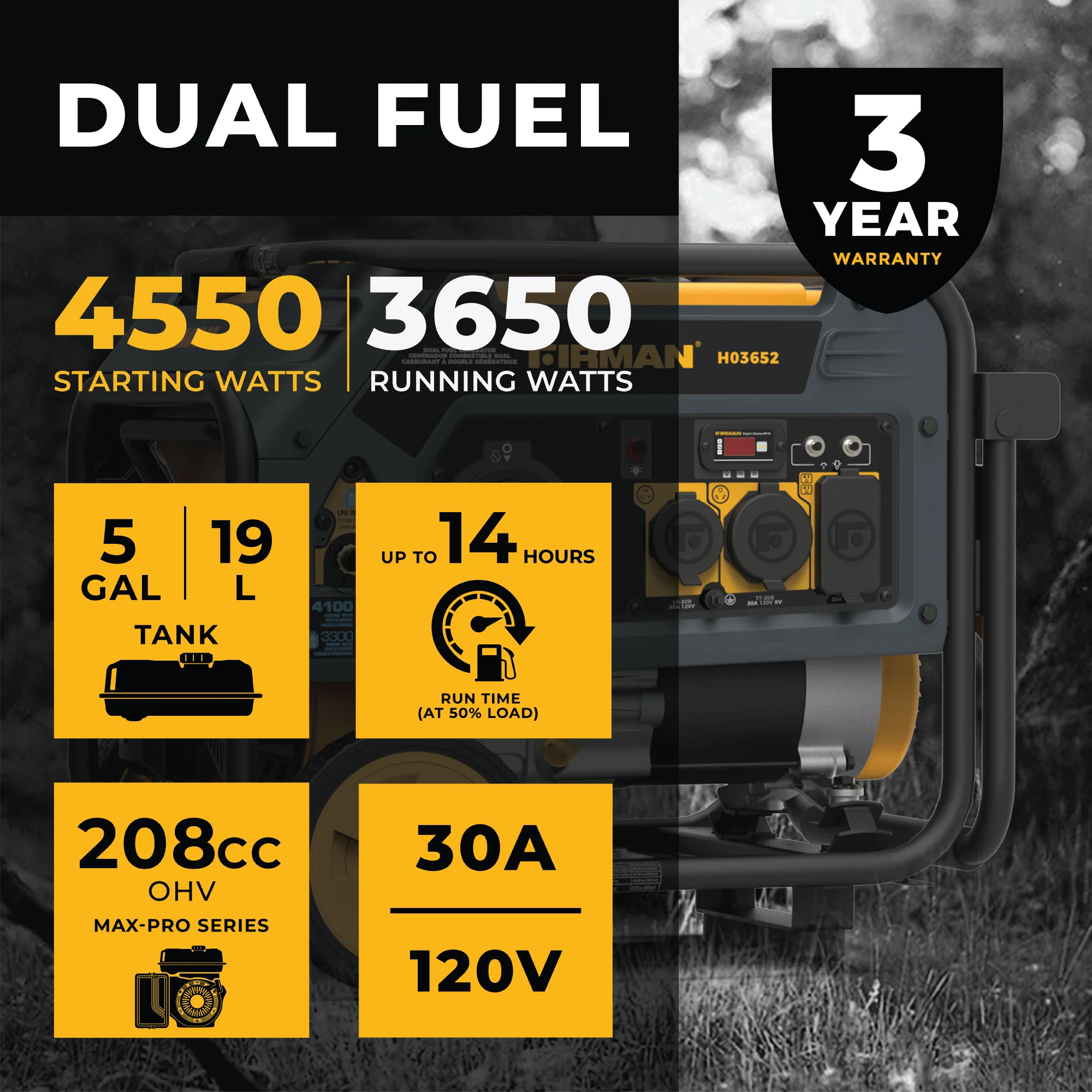 Dual Fuel Portable Generator 3650W Recoil Start