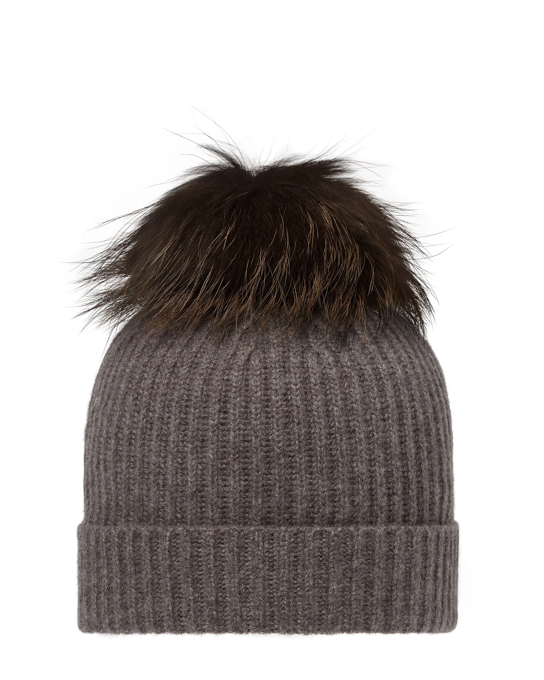 Unisex Ribbed Cashmere Hat With Detachable Pom Otter Brown