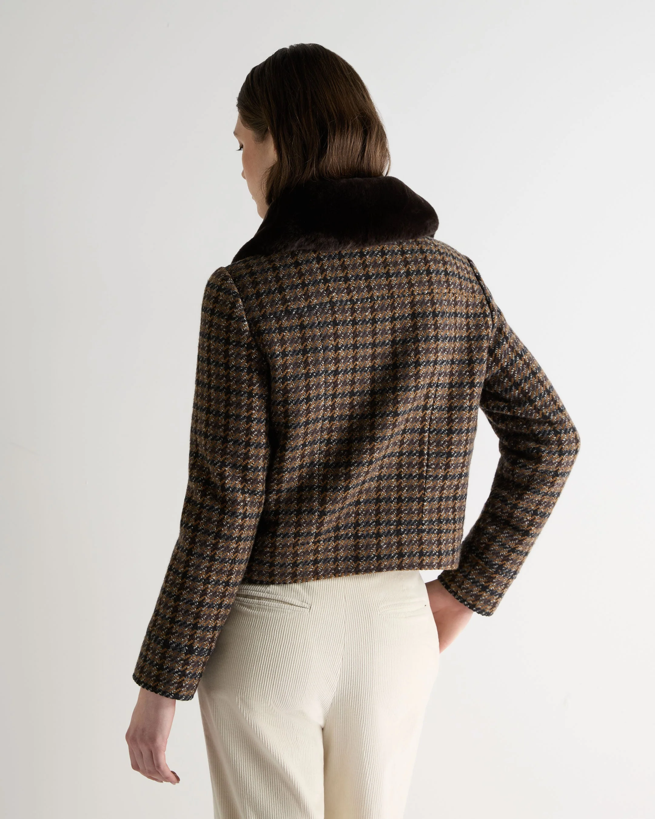 Women's Dogtooth Fur Trim Jacket Brown