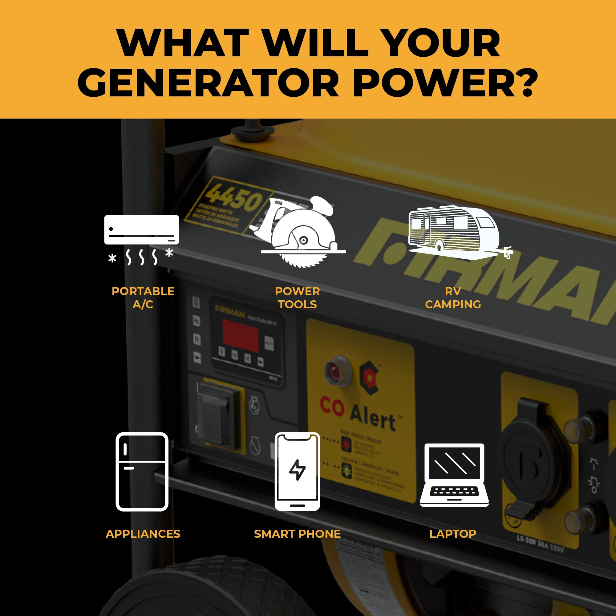 Gas Portable Generator 4450W Recoil Start 120V with CO alert