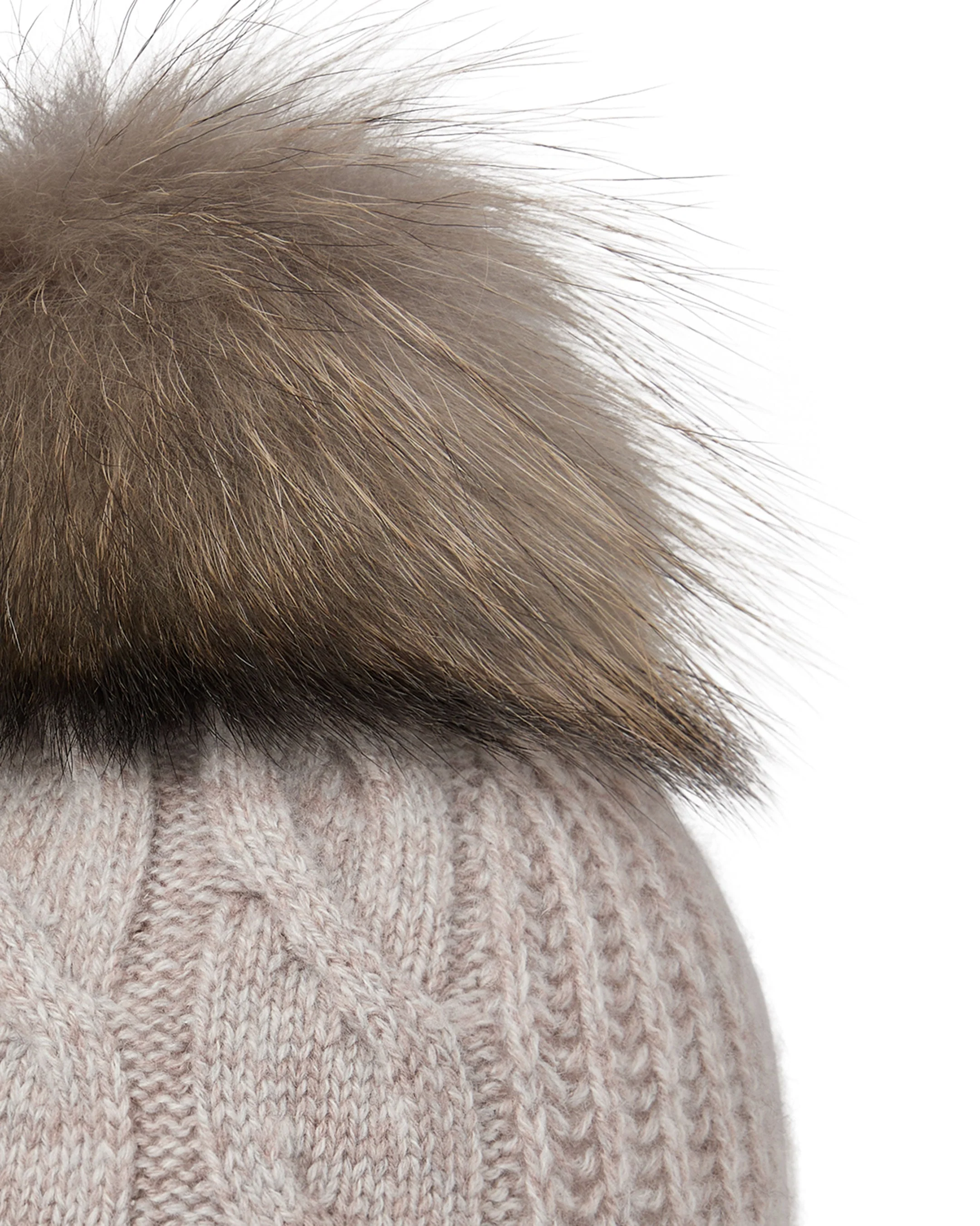 Unisex Chunky Cable Cashmere Pom Hat Basilica Beige Brown Marl