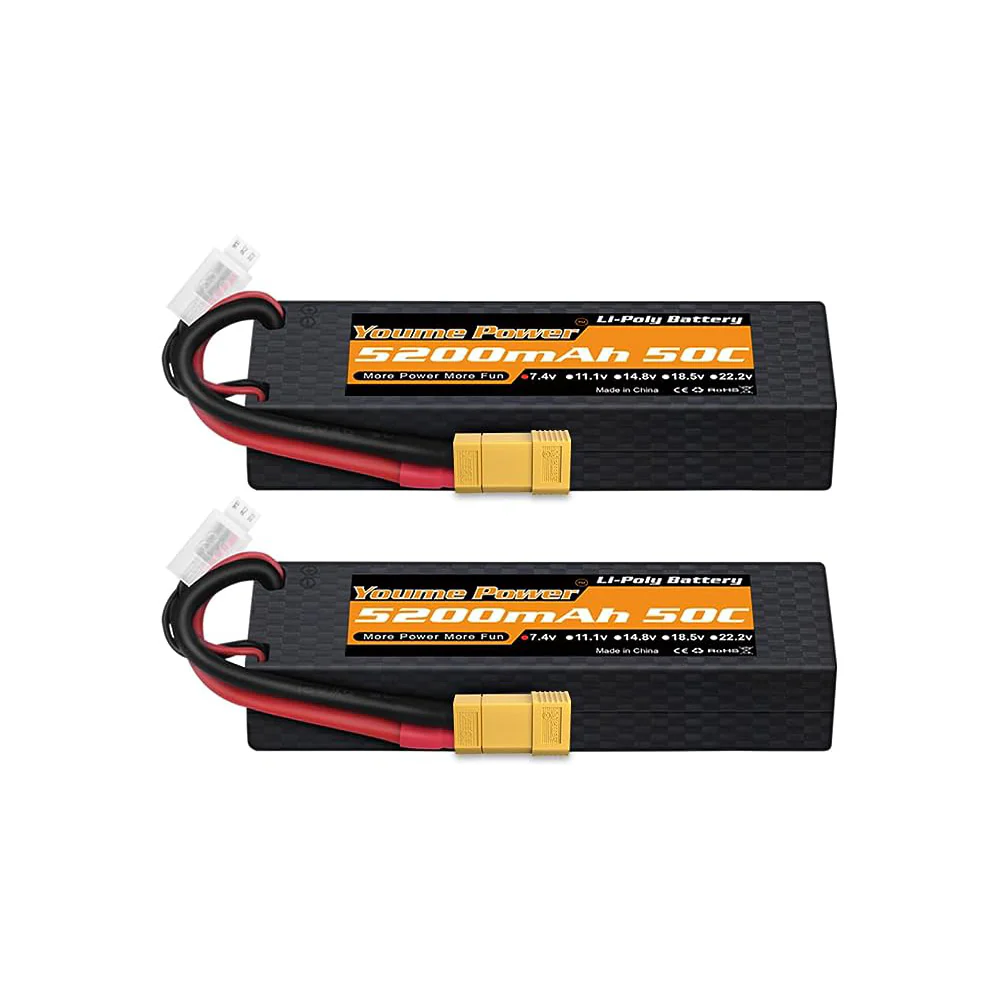 2PCS Youme Lipo 2S Battery 7.4V 5200mah - Hard Case 50C XT60 T  XT90 XT150 EC3 EC5 for RC Helicopter Airplane Boat Quadcopter