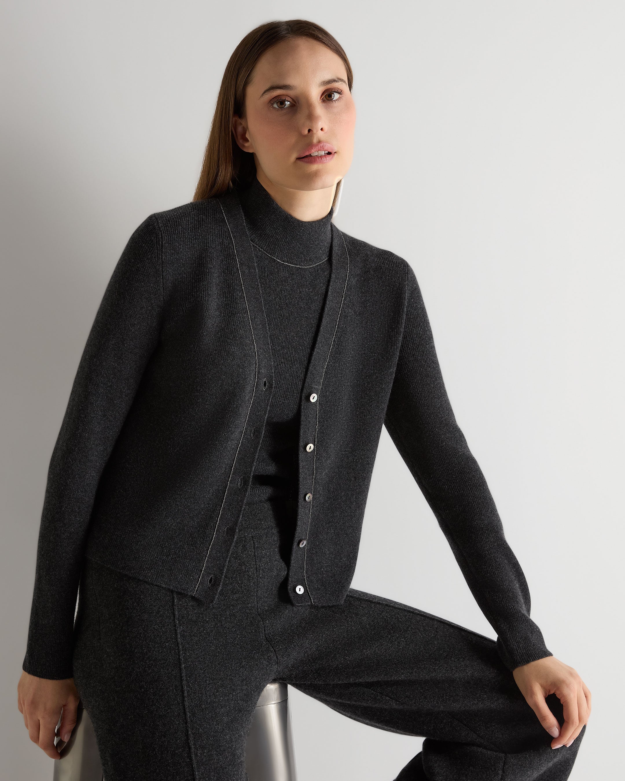 Women's Ribbed Cashmere Cardigan With Metal Trim Deep Charcoal Grey