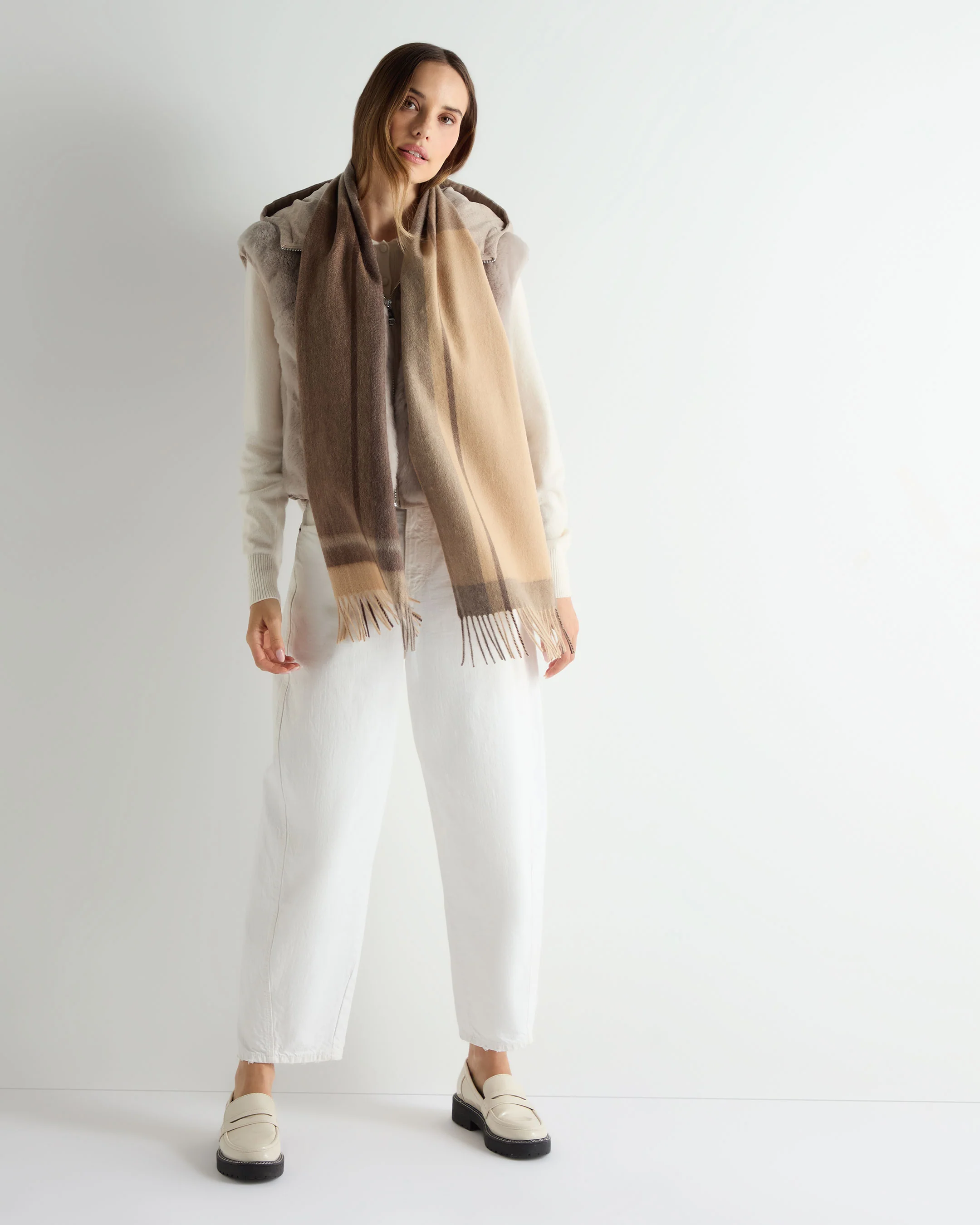 Unisex Cashmere Check Scarf Brown + Camel