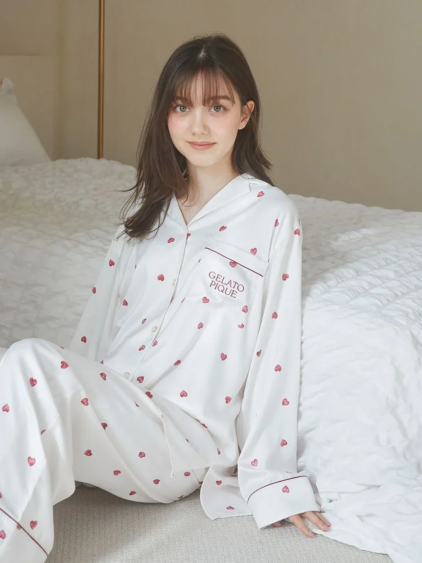 Heart Pattern Satin Pajama Shirt