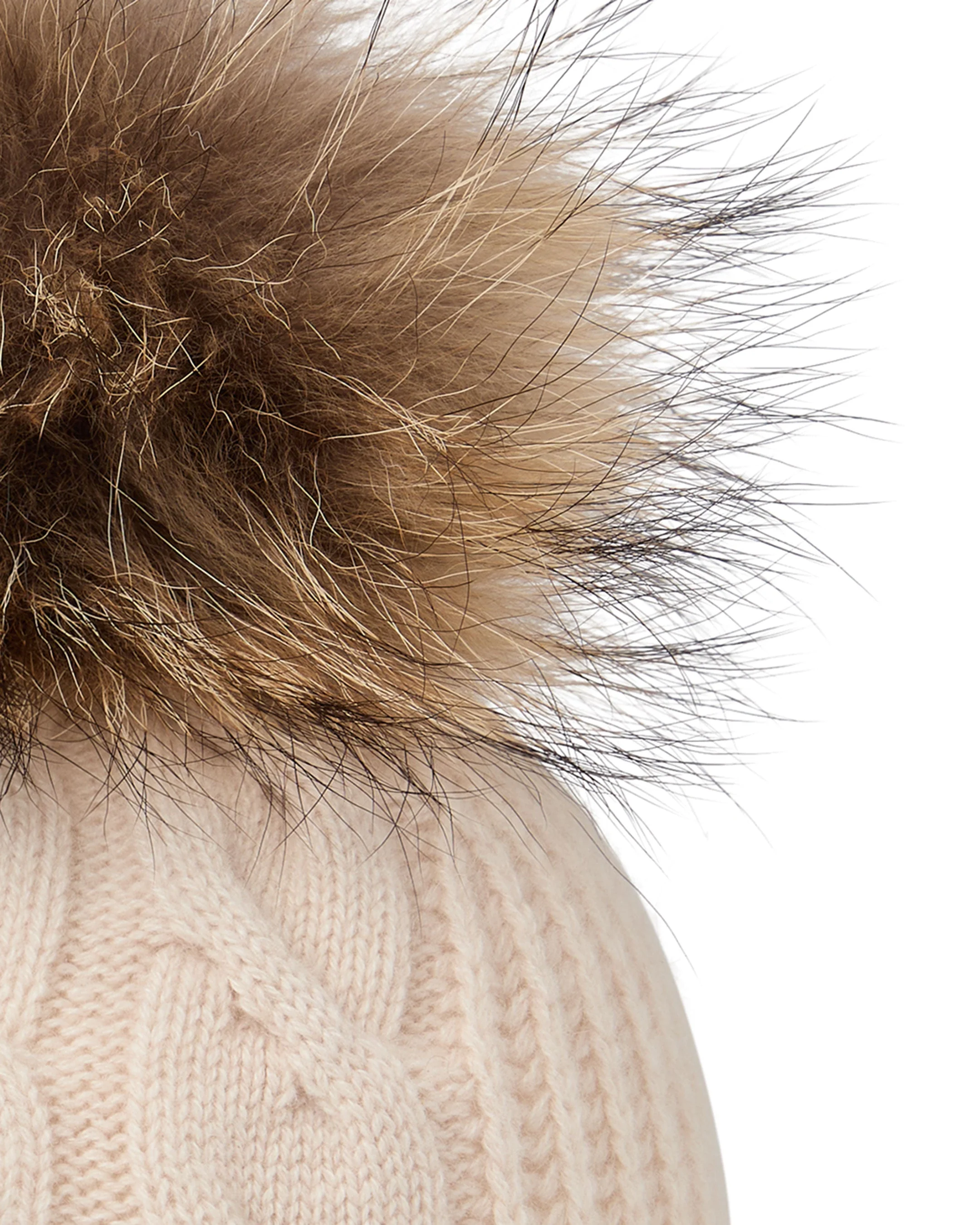 Women's Cable Cashmere Hat With Fur Pom Ecru White