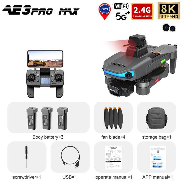 AE3 Pro Max Drone - 8K HD Dual Camera 6Axis EIS Gimbal 5G Wifi GPS FPV Folding RC Drones Quadcopter Professional Camera Drone