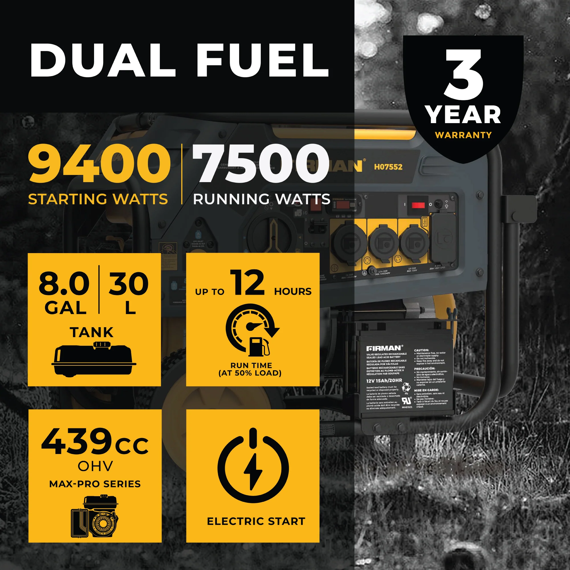 Dual Fuel Portable Generator 7500W Electric Start 120/240V