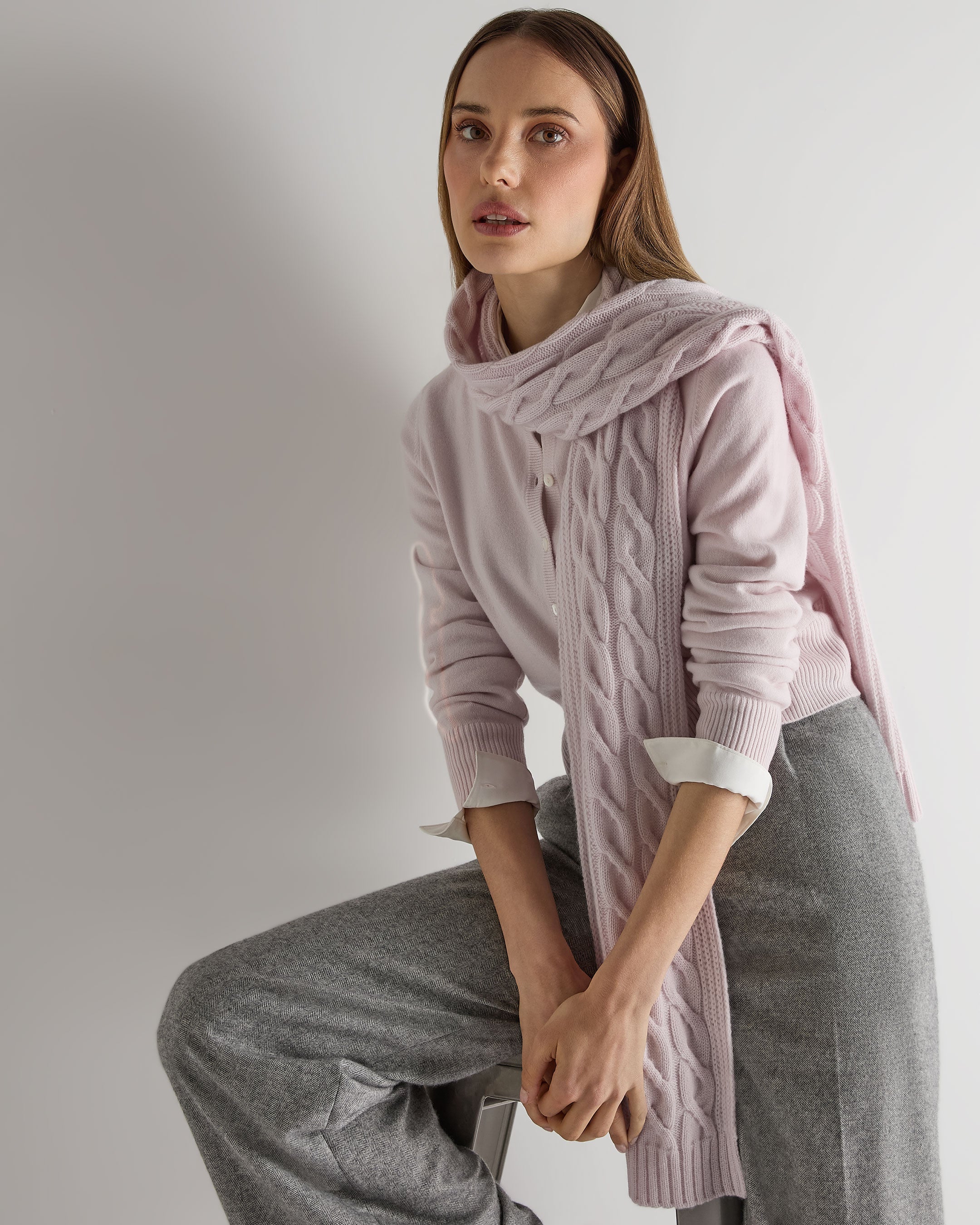 Unisex Cable Rib Cashmere Scarf Chalk Pink