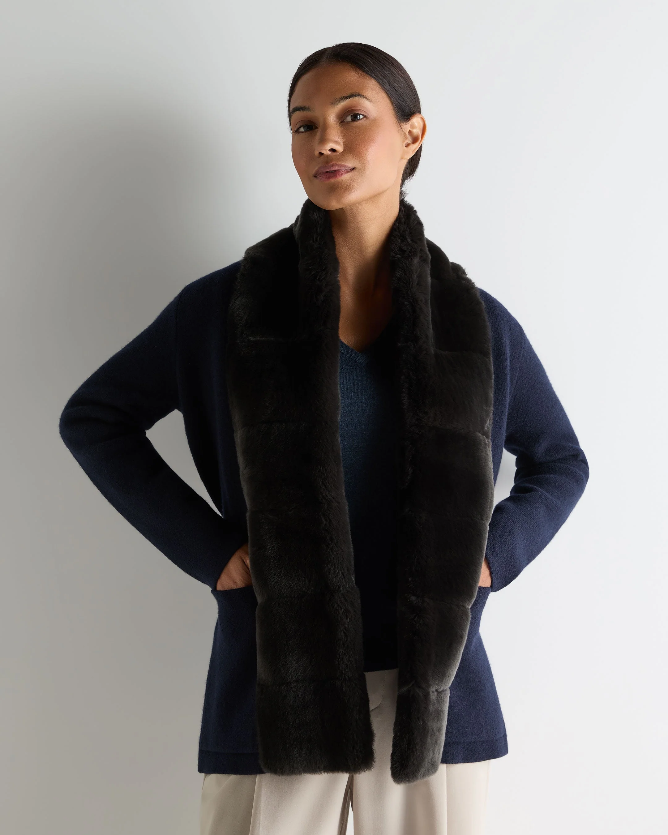 Women's Ruby Herringbone Fur Cardigan Navy Blue