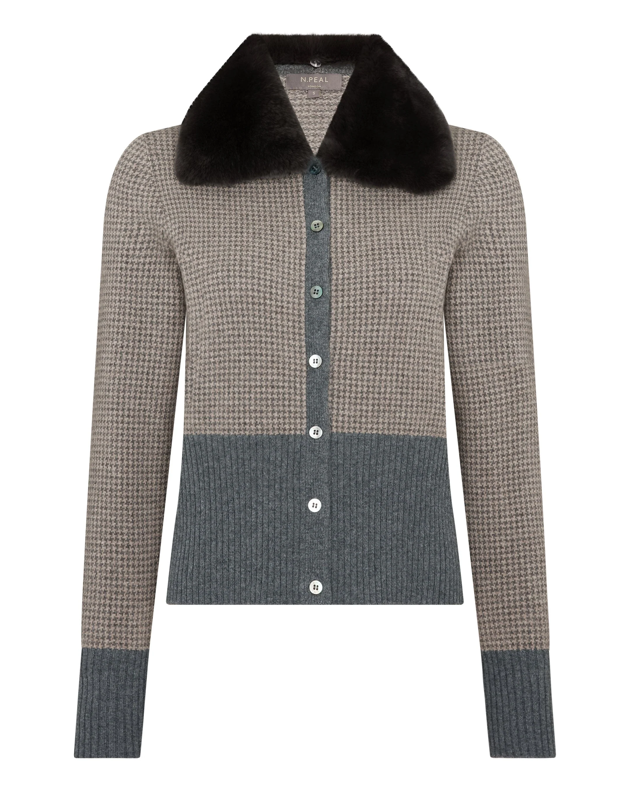 Women's Dogtooth Cashmere Cardigan With Fur Elephant Grey