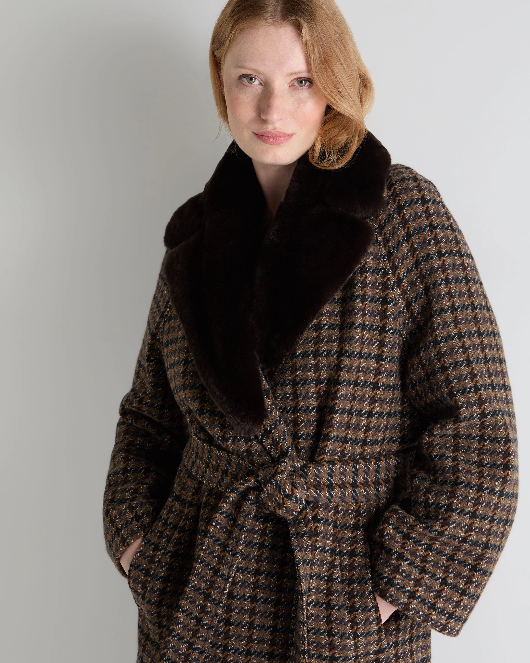 Women's Dogtooth Fur Trim Coat Brown
