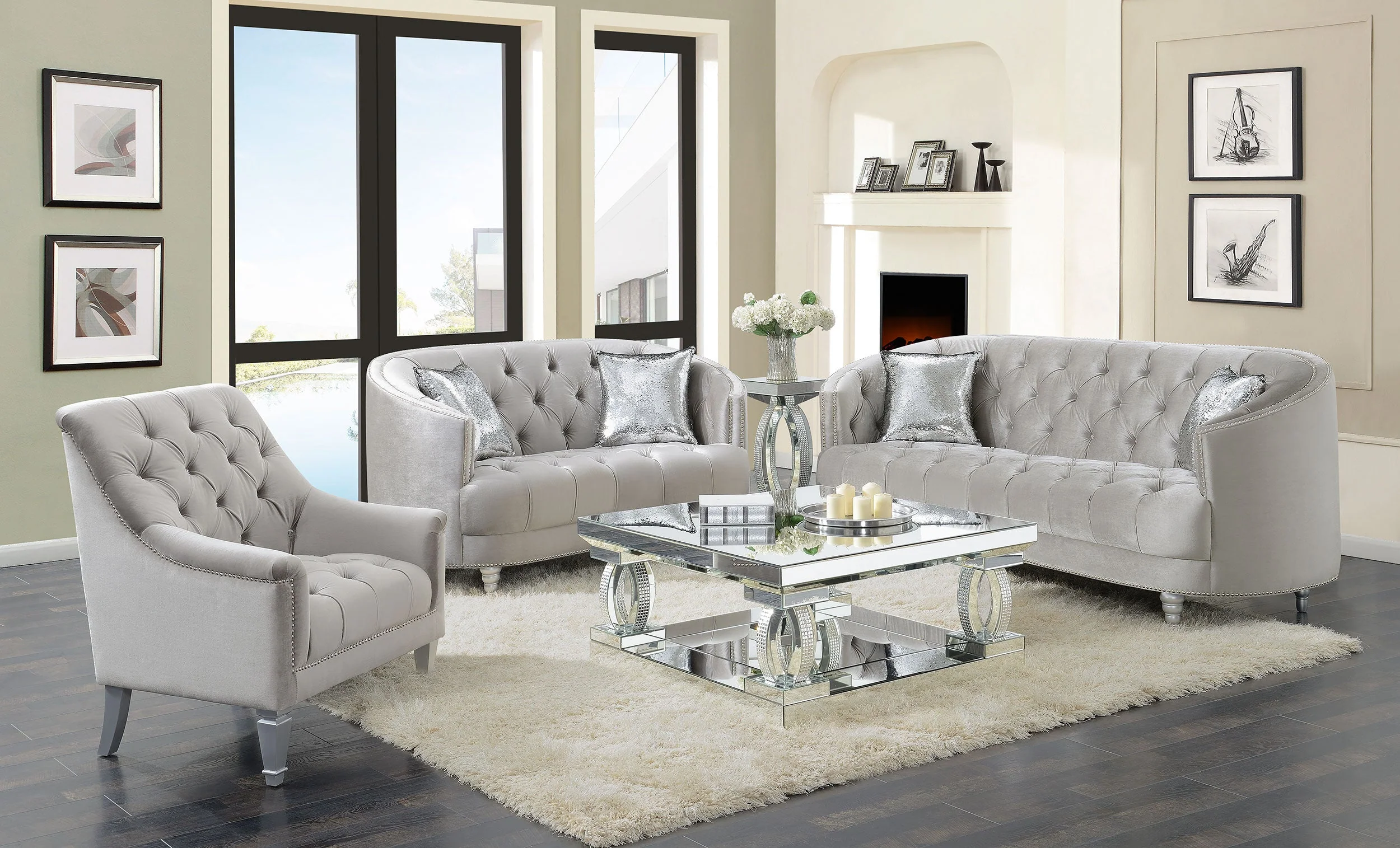 Avonlea  Upholstered Sloped Arm Sofa Set Grey Fabric