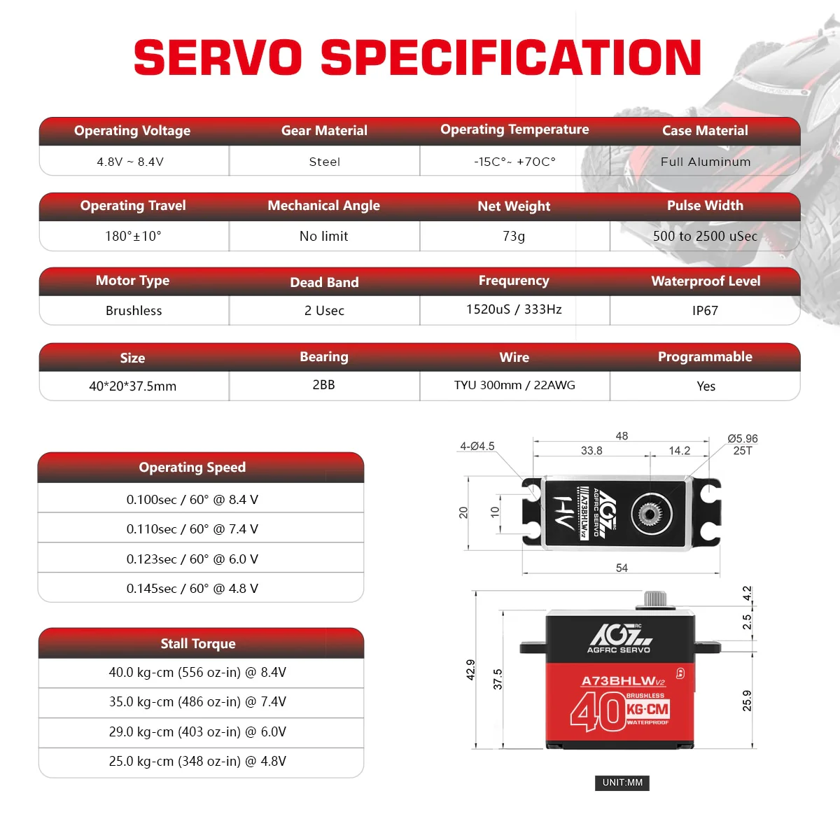 AGFRC A73BHLW V2 Servo  - HV 40KG High Torque Brushless Waterproof Digital Standard Servo For 1/10 RC Rock Crawler Buggy Car Boat Truck
