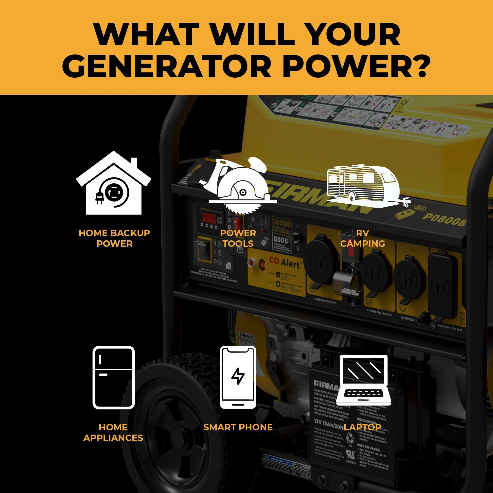 Gas Portable Generator 10000W Remote Start 120/240V with CO Alert