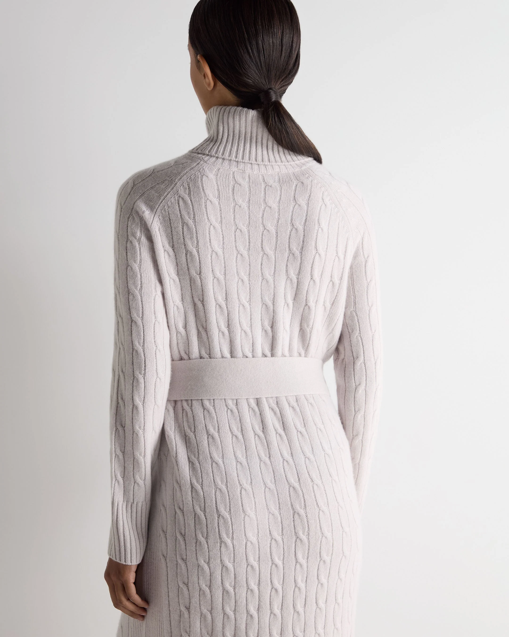 Women's Longline Cable Cashmere Dress Snow Grey