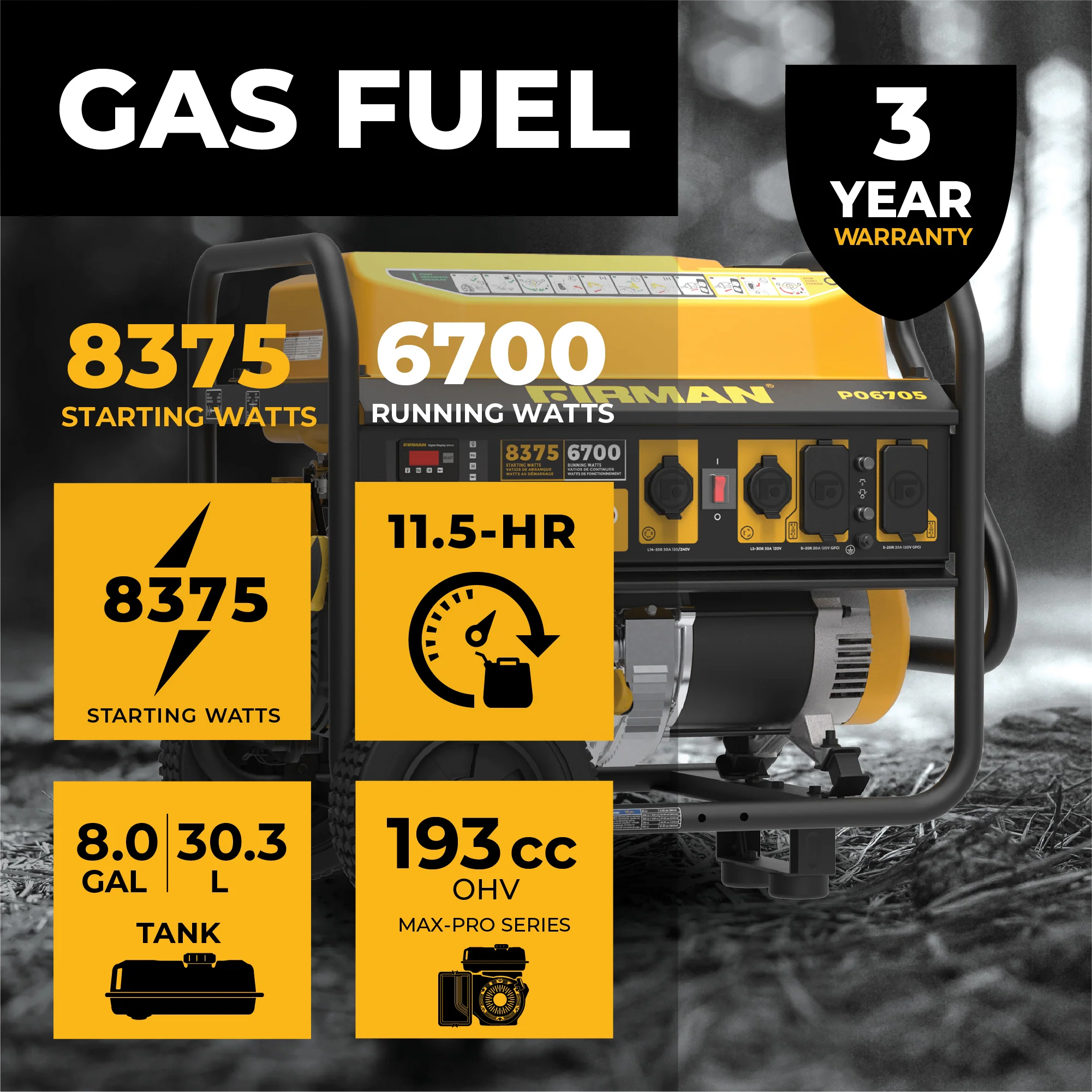 Gas Portable Generator 8375W Recoil Start 120/240V With CO Alert