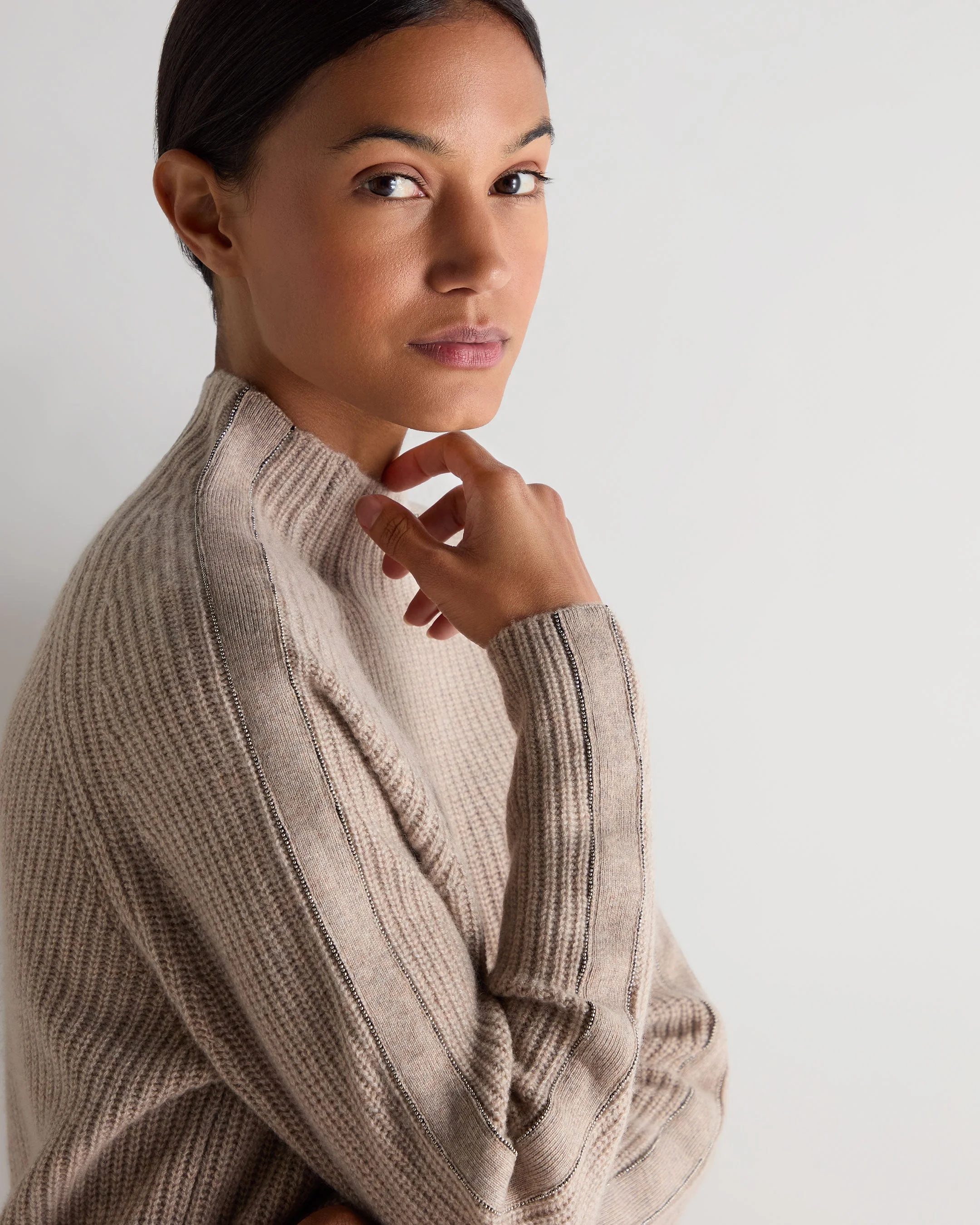 Women's Metal Funnel Neck Cashmere Sweater Oatmeal Brown