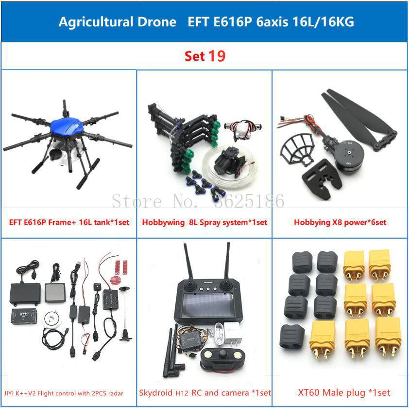EFT E616P 16L Agriculture Drone - 6 Axis Drone Frame 16L Water Tank Spreader System Sprayer With Hobbywing X8 power, JIYI K++ V2, Skydroid H12, Tattu 12S 22000mAh Battery