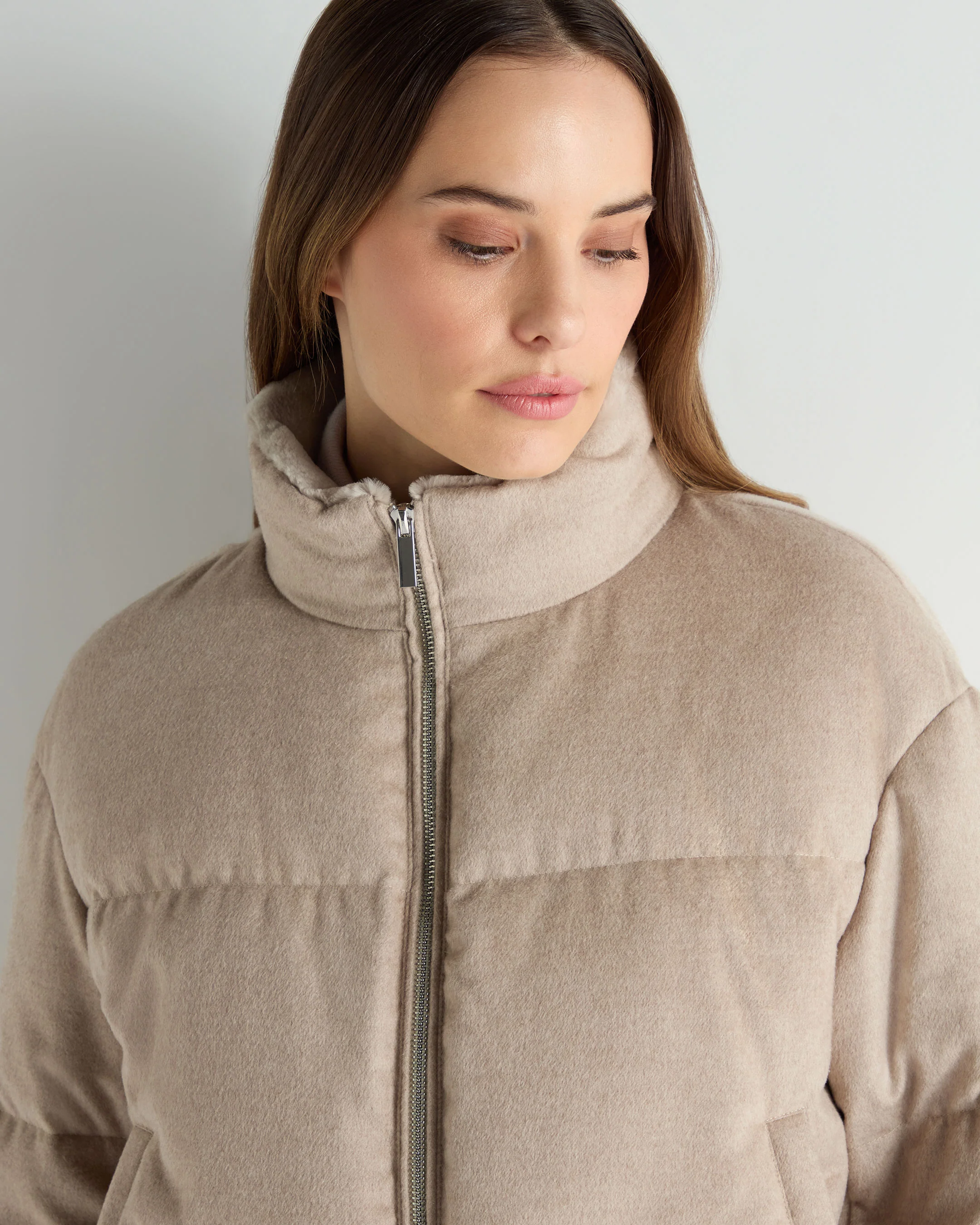 Women's Fur Cuff Padded Jacket Beige Brown