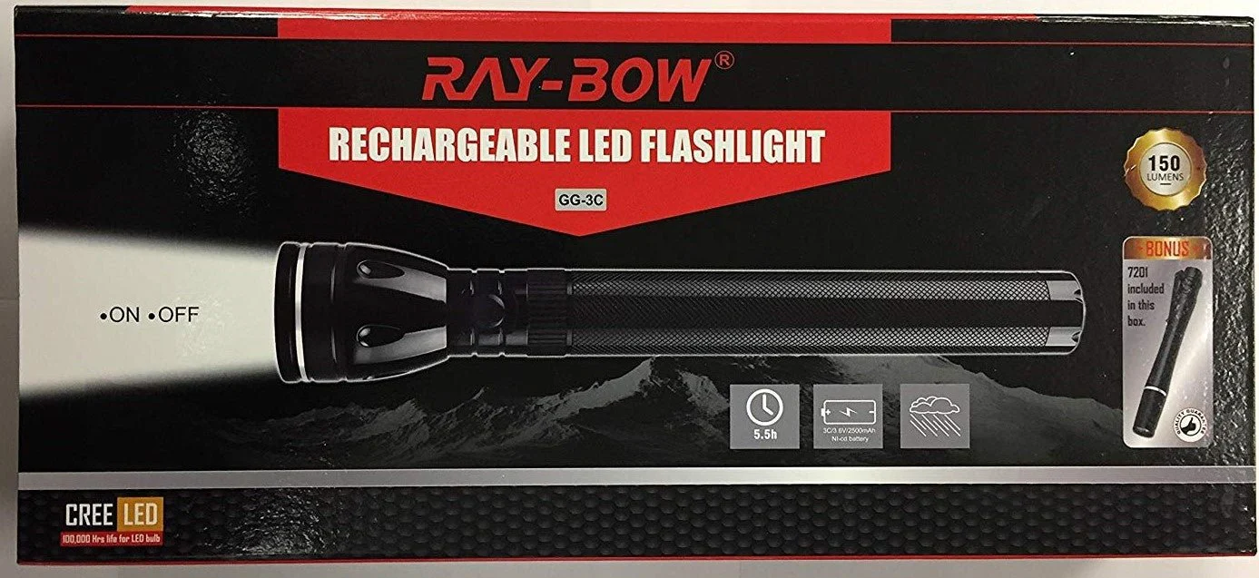Ray-Bow GG-3C 150 Lumens Rechargeable LED Flashlight 110~220 Volt 50/60 HZ With Bonus LED Penlight