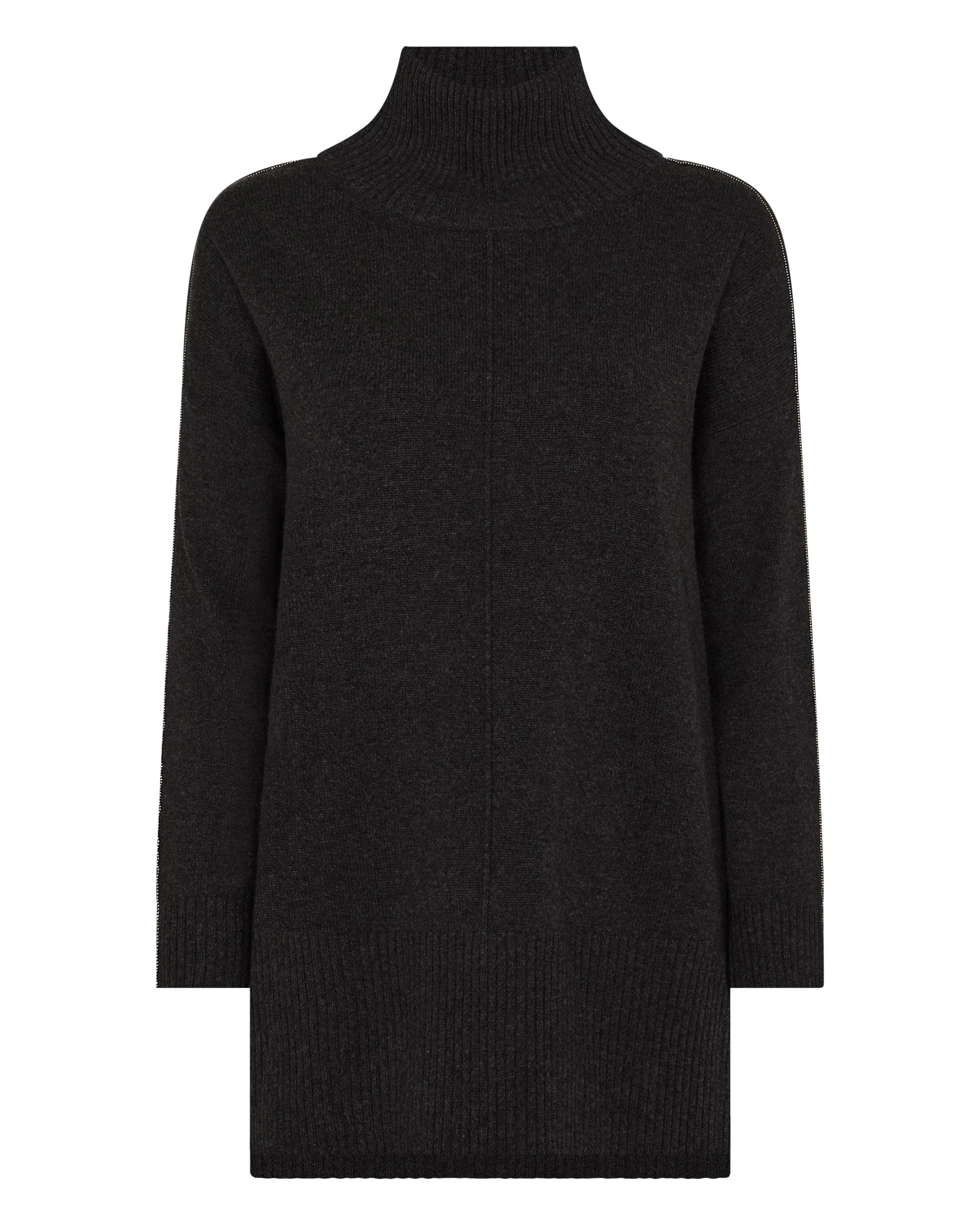 Women's Mock Neck Long Cashmere Sweater Deep Charcoal Grey