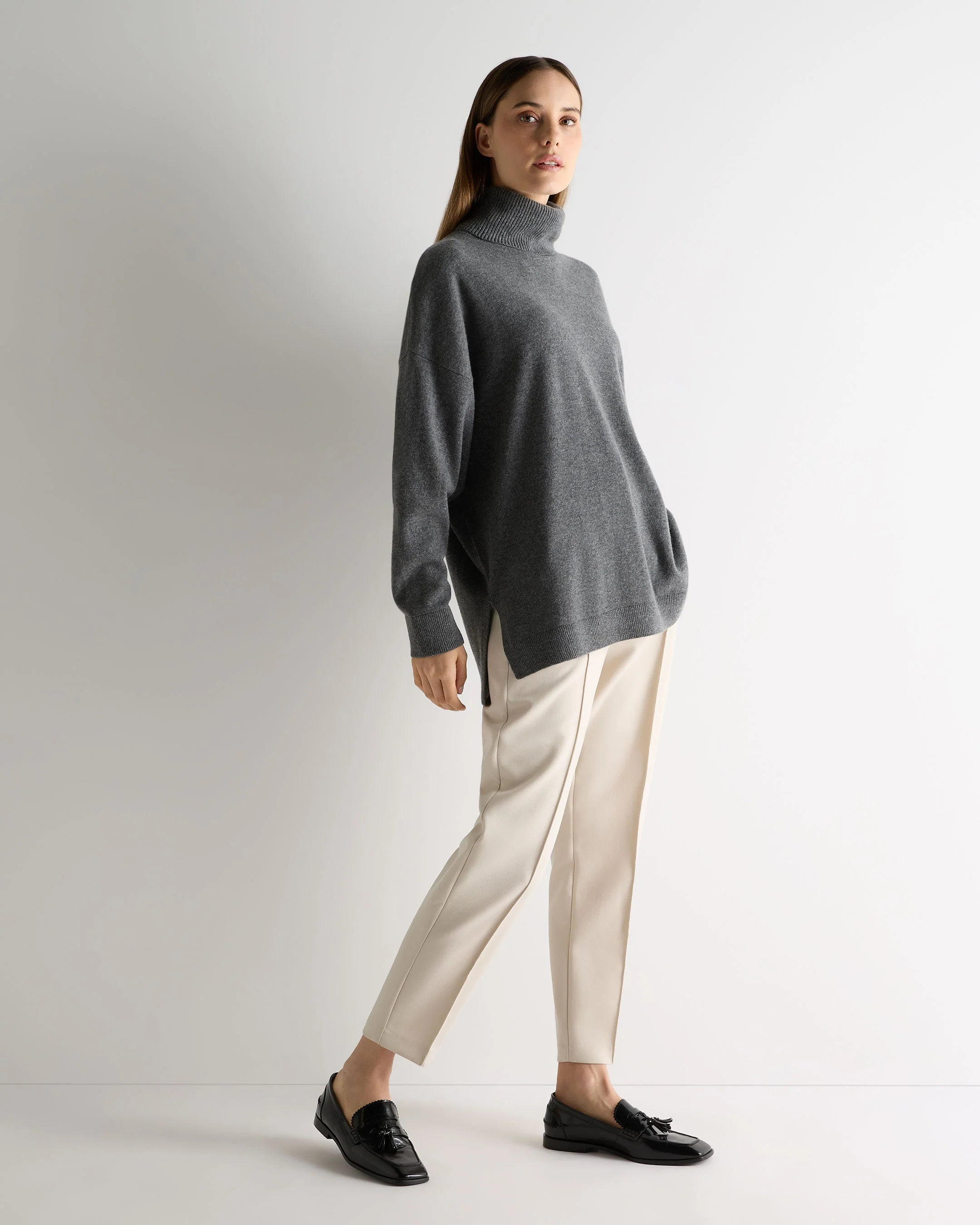 Women's Longline Turtle Neck Cashmere Sweater Elephant Grey