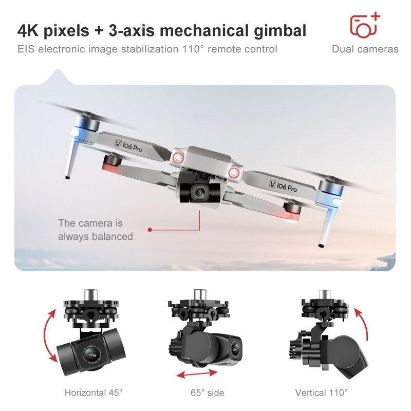 106 Pro GPS Drone - 4K HD Dual Camera Three-Axis Anti-Shake Gimbal 5G WIFI FPV Brushless Motor Foldable Quadcopter Gift Toy Professional Camera Drone