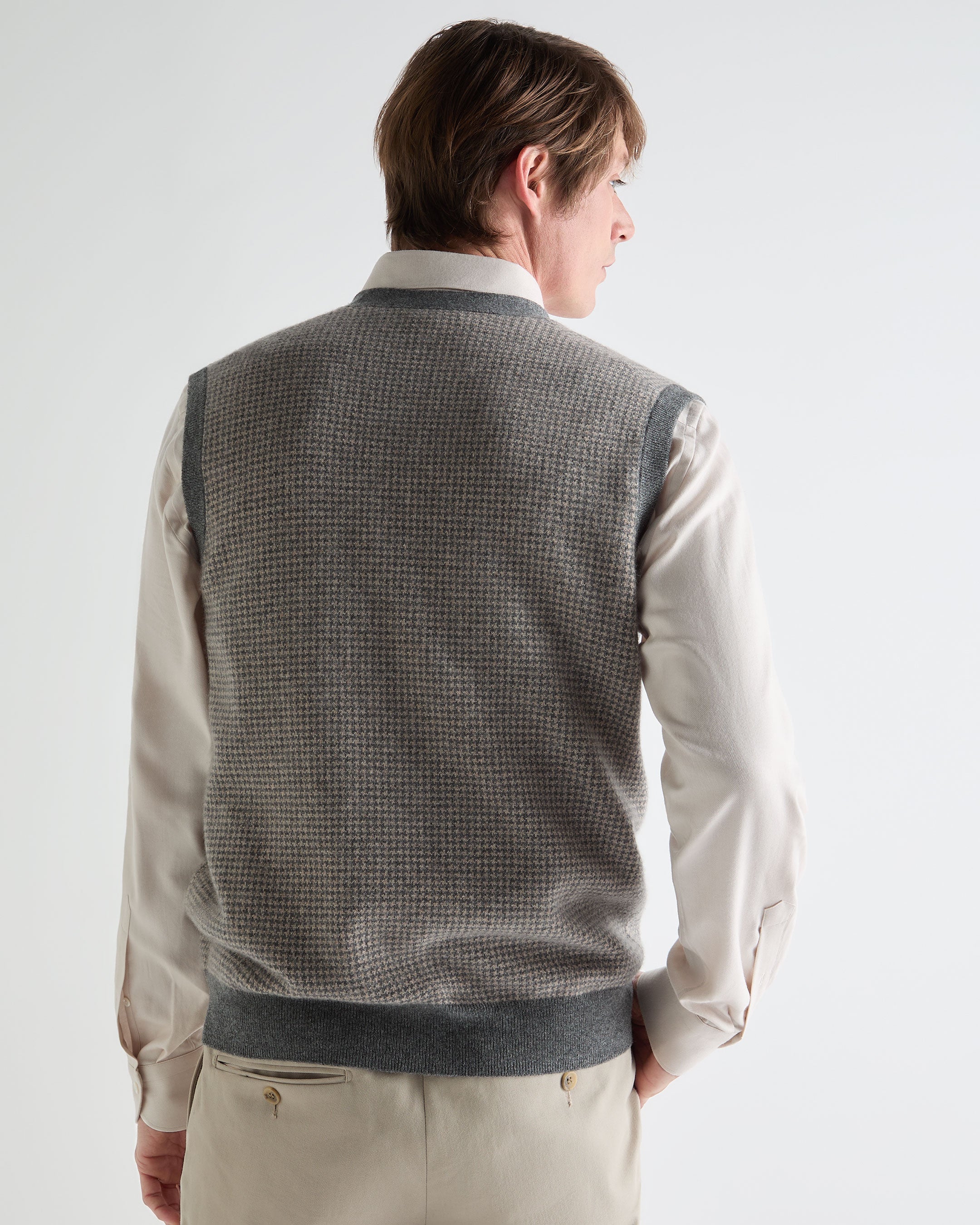 Men's Sleeveless Cashmere Tank Top Oatmeal Houndstooth Brown