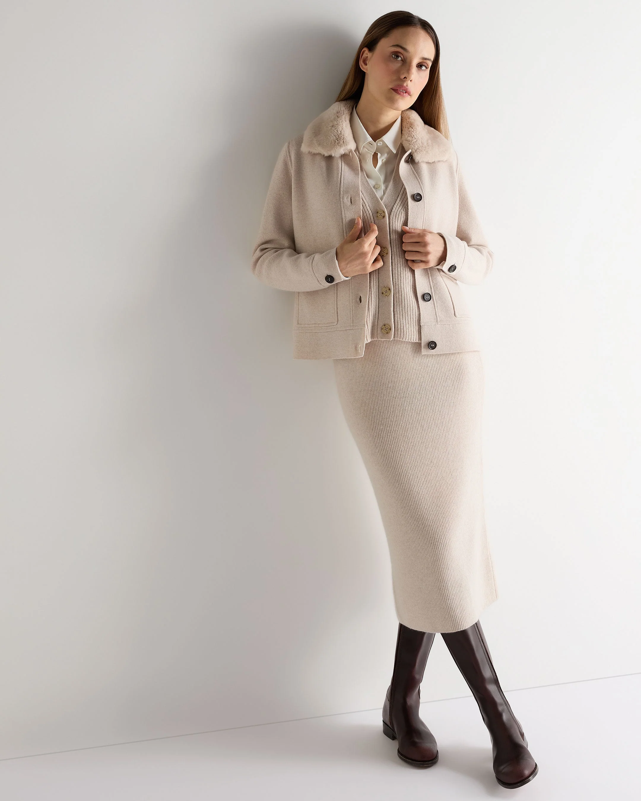 Women's Fur Collar Milano Cashmere Jacket Ecru White