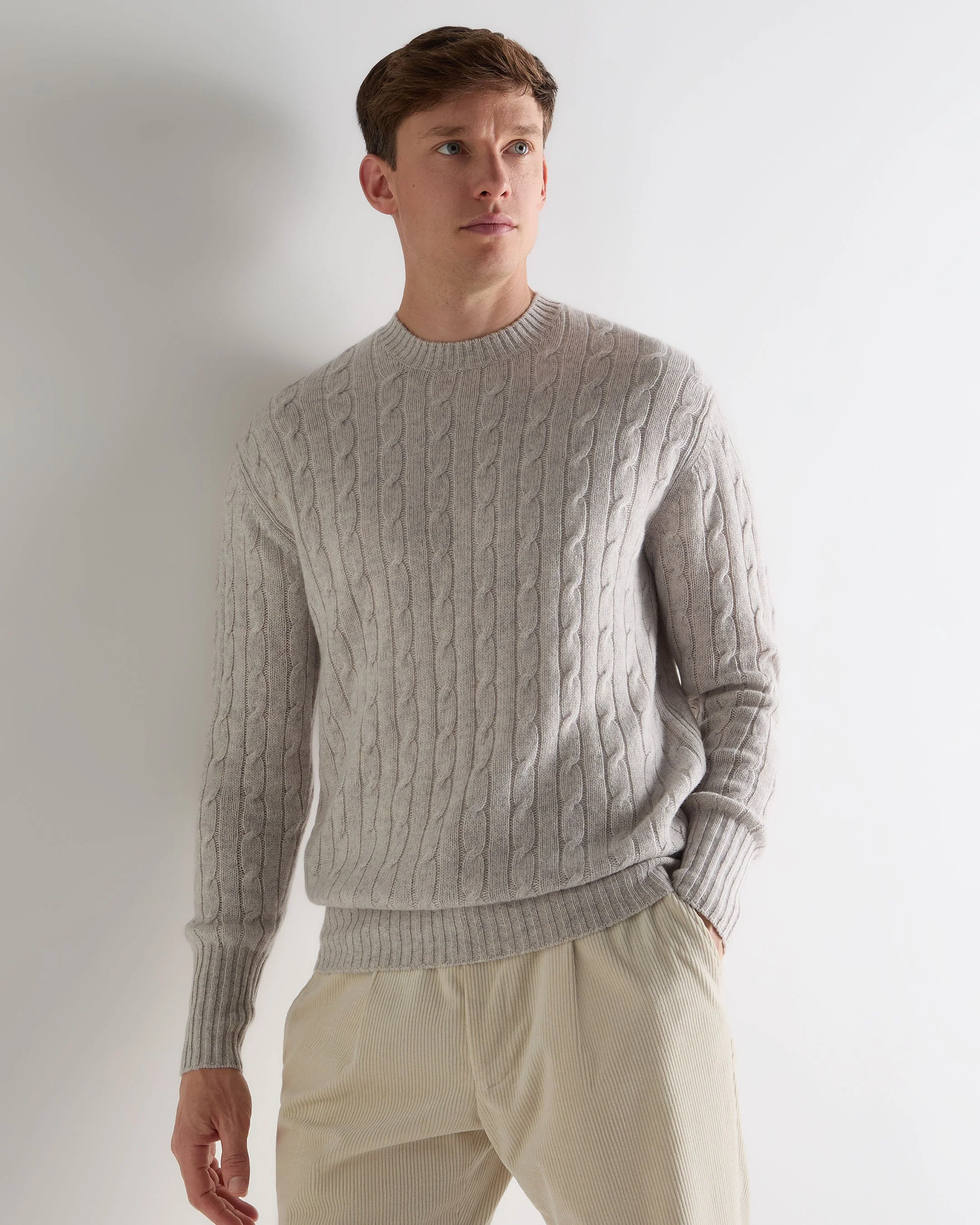Men's Thames Cable Round Neck Cashmere Sweater Nougat Brown Marl