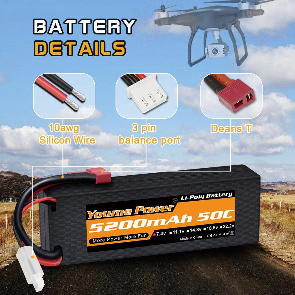 2PCS Youme Lipo 2S Battery 7.4V 5200mah - Hard Case 50C XT60 T  XT90 XT150 EC3 EC5 for RC Helicopter Airplane Boat Quadcopter