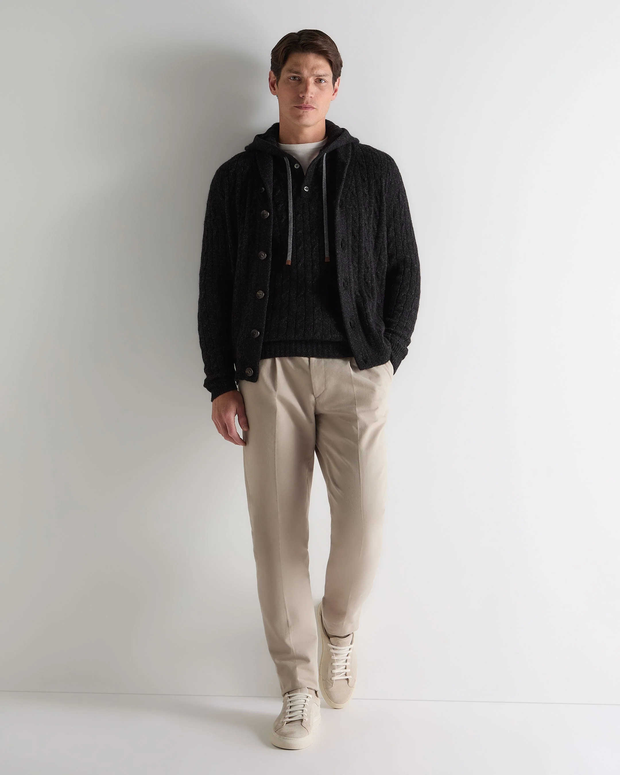 Men's Fitzrovia Cable Cashmere Hoodie Charcoal Grey Melange