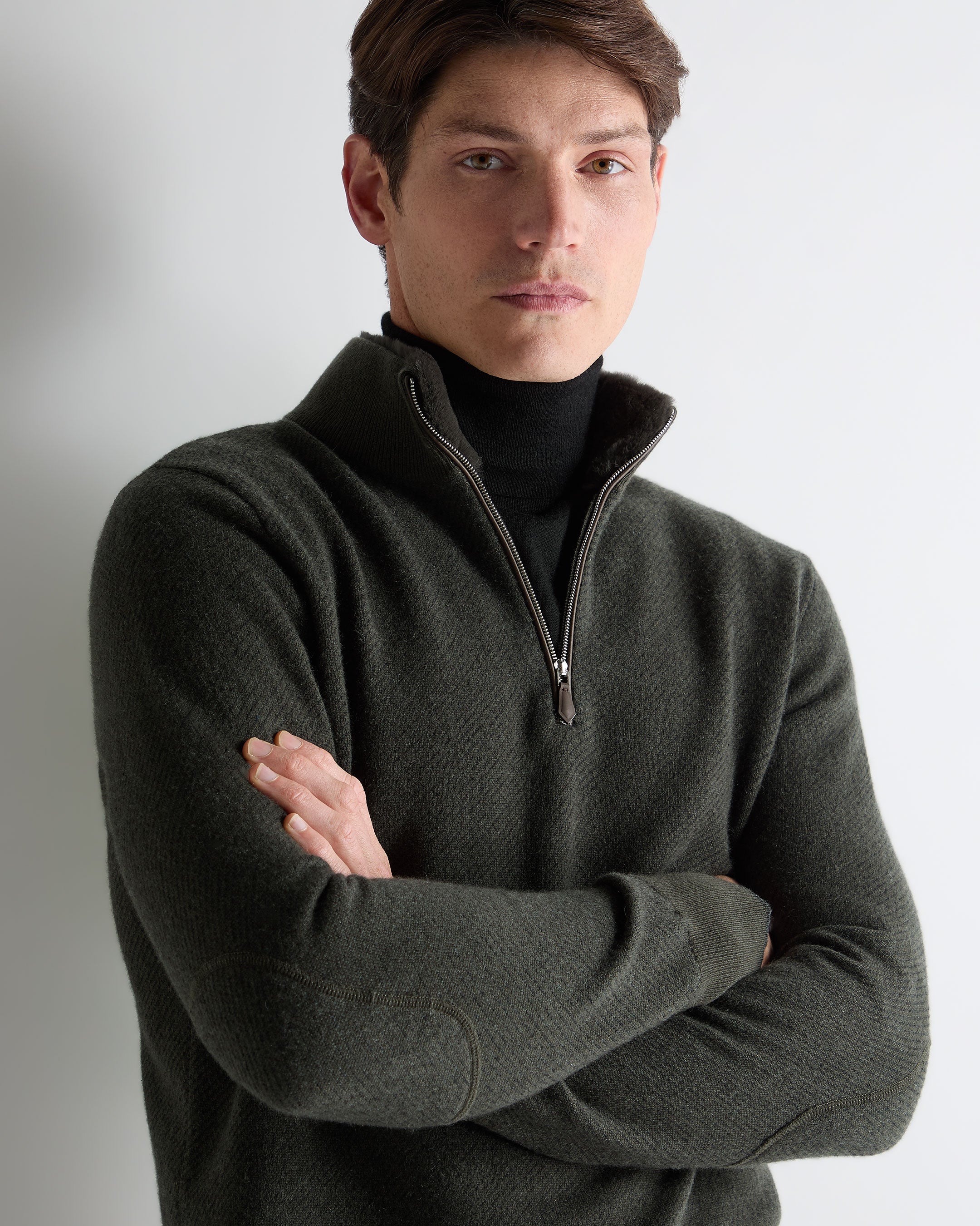 Men's Fur Trim Half Zip Cashmere Jumper Arabica Khaki Green