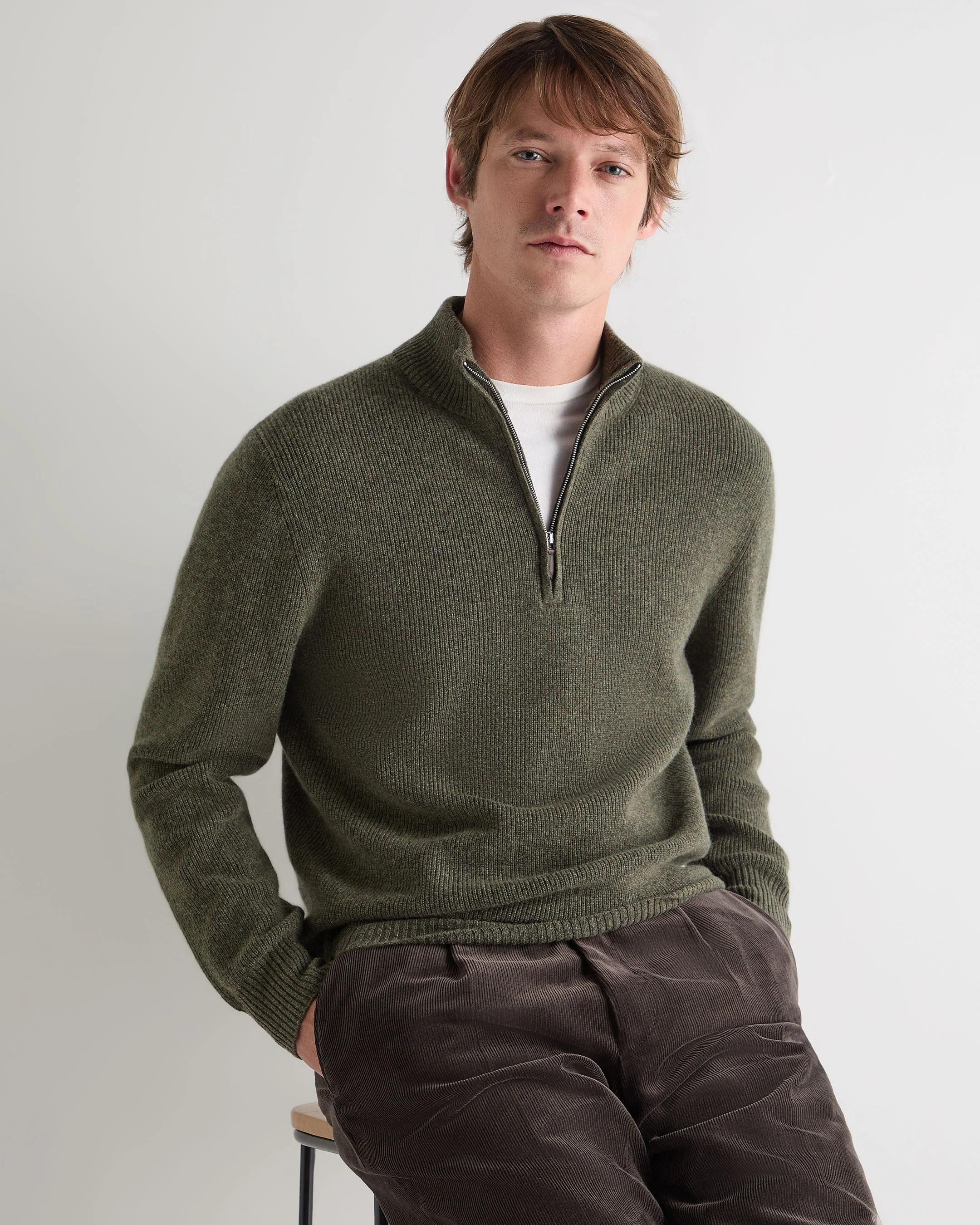 Men's Ribbed Half Zip Cashmere Jumper Moss Green