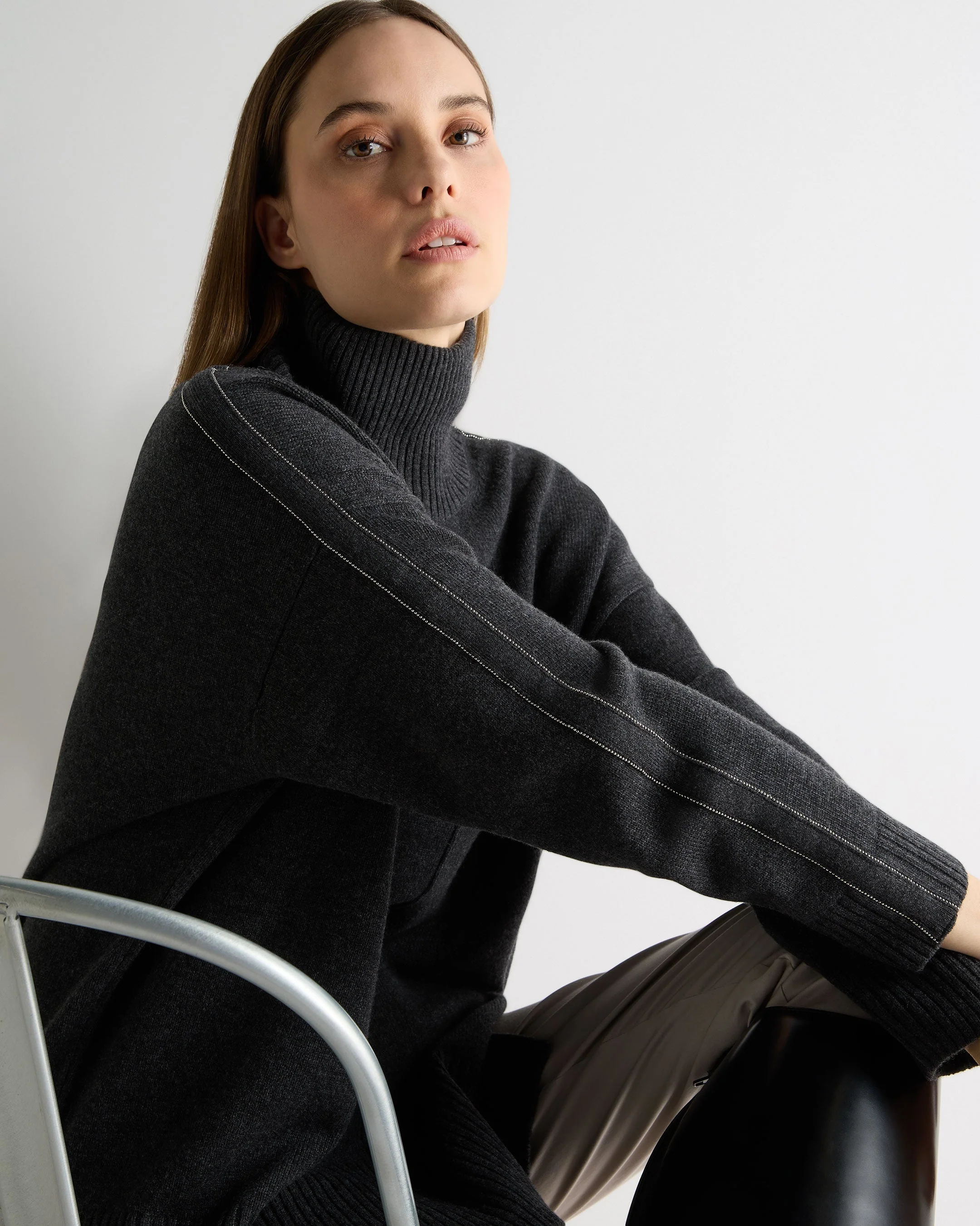 Women's Mock Neck Long Cashmere Sweater Deep Charcoal Grey