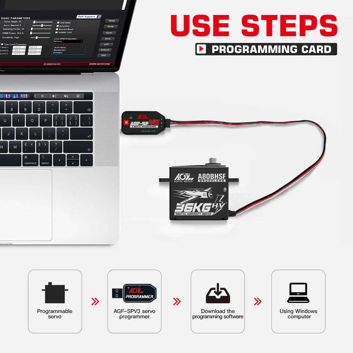 AGFRC Servo A80BHSF - 36KG HV Fast Speed High Torque Brushless Standard Programmable Aircraft Servo for 30-200CC RC Airplane