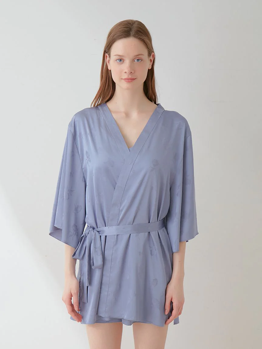 Flower Long Sleeve Satin Tie Nightgown Robe