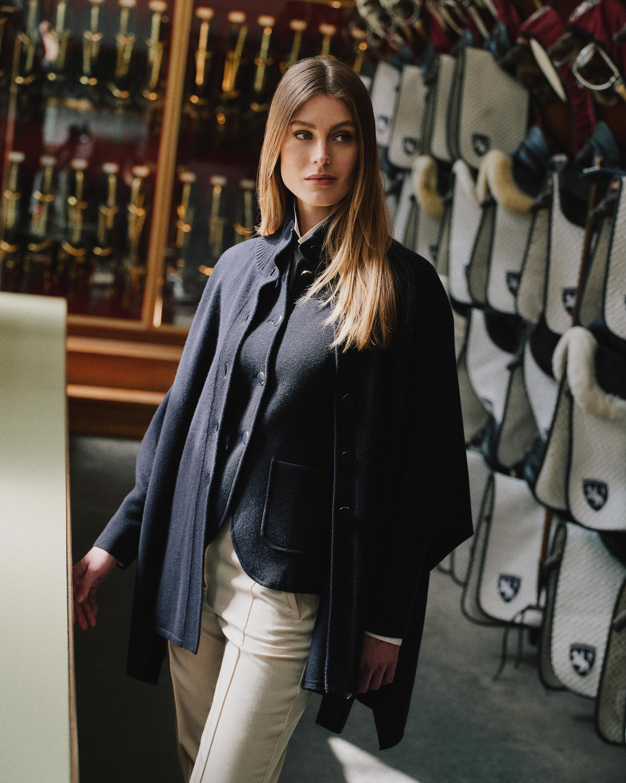 Women's Nehru Collar Cashmere Jacket Navy Blue