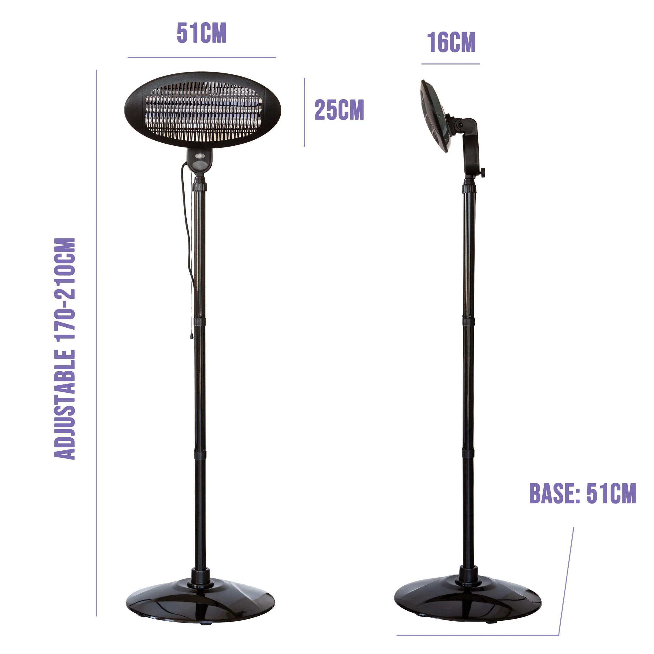 2000W 2.1m Free Standing Adjustable Portable Outdoor Electric Patio Heater Black