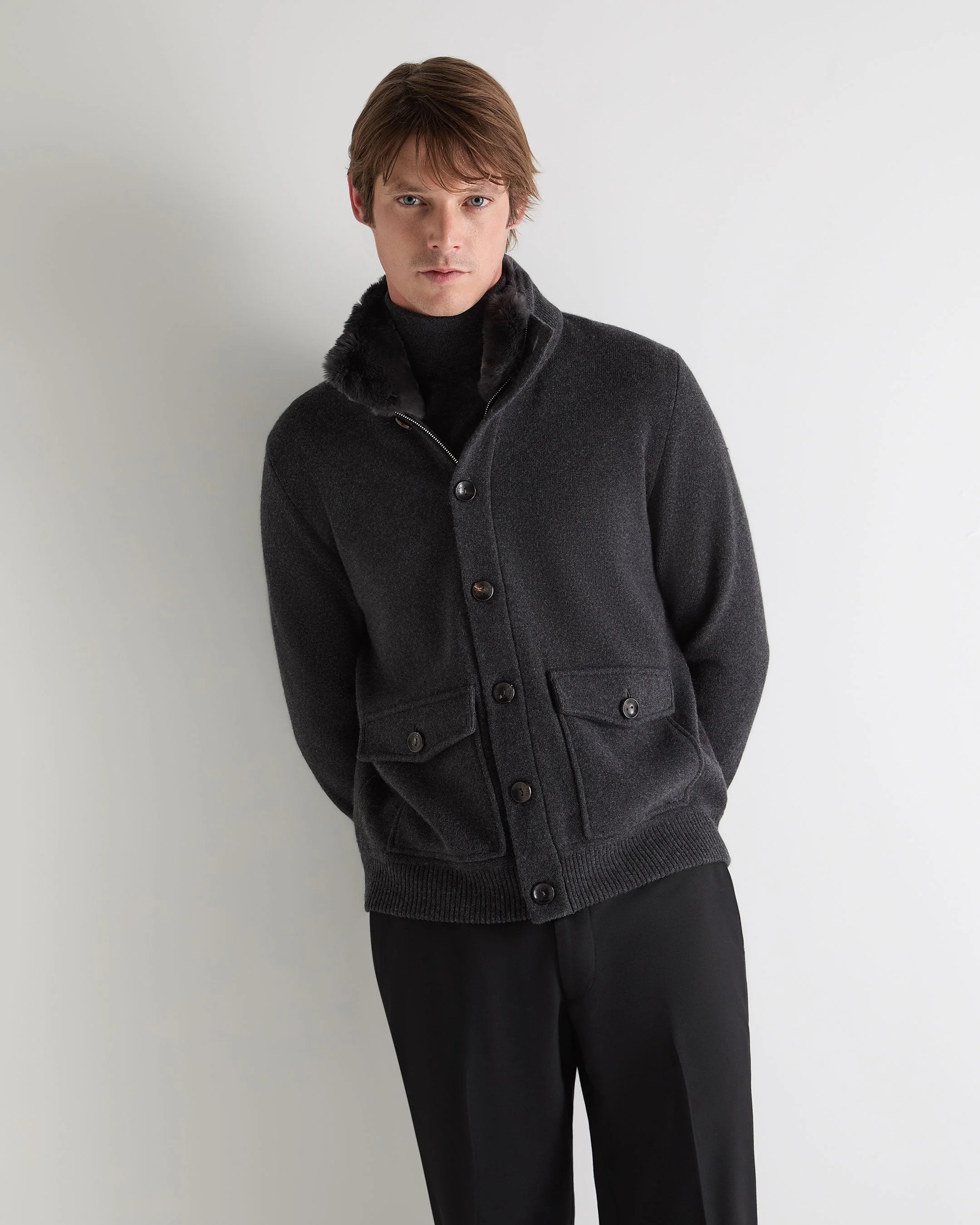 Men's Knitted Cashmere Jacket Deep Charcoal Grey
