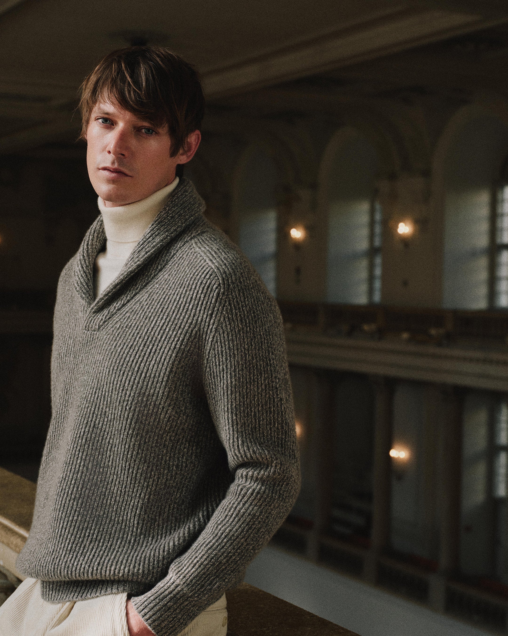 Men's Shawl Collar Cashmere Sweater Soft Truffle Brown Marl