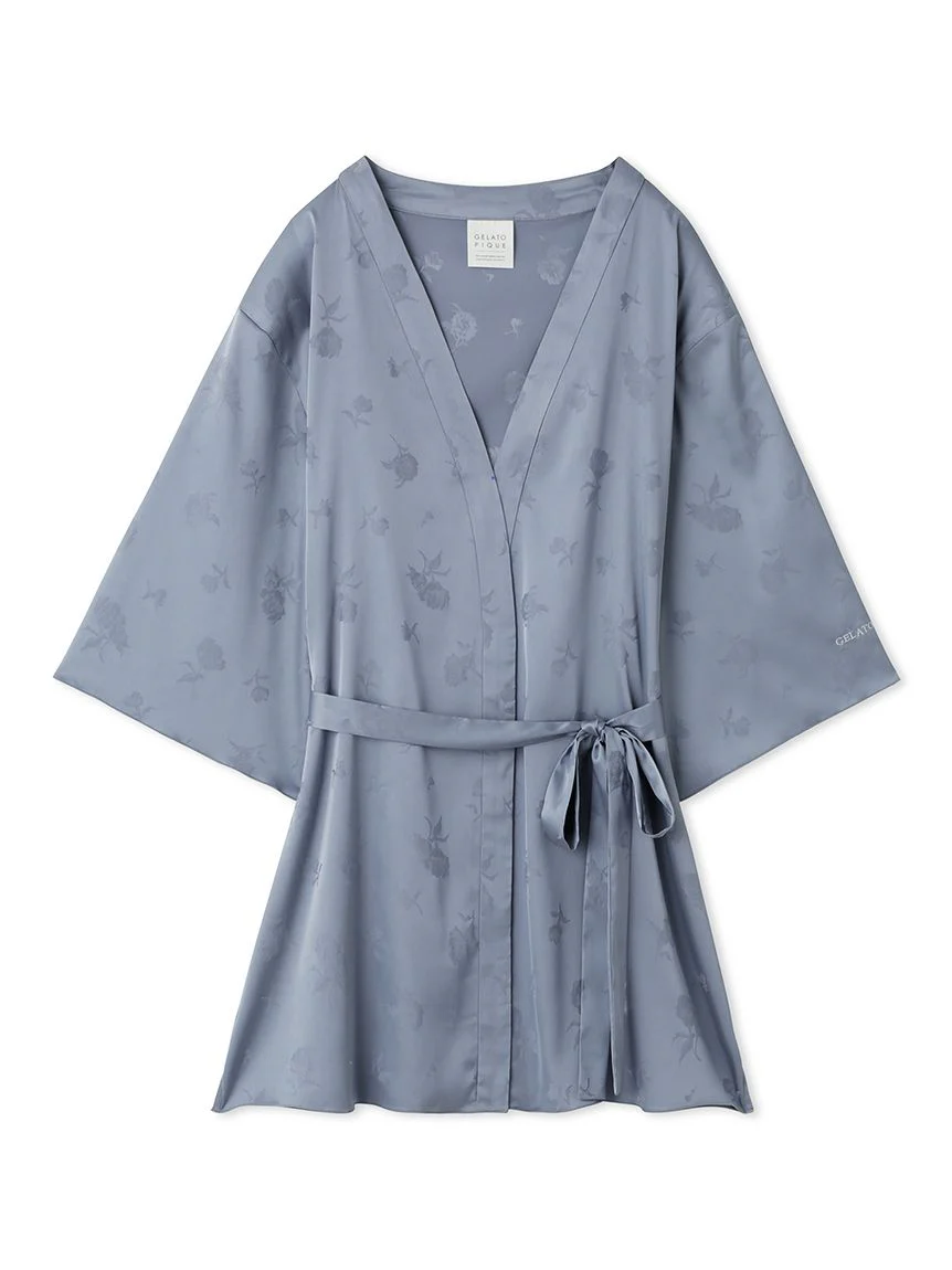 Flower Long Sleeve Satin Tie Nightgown Robe