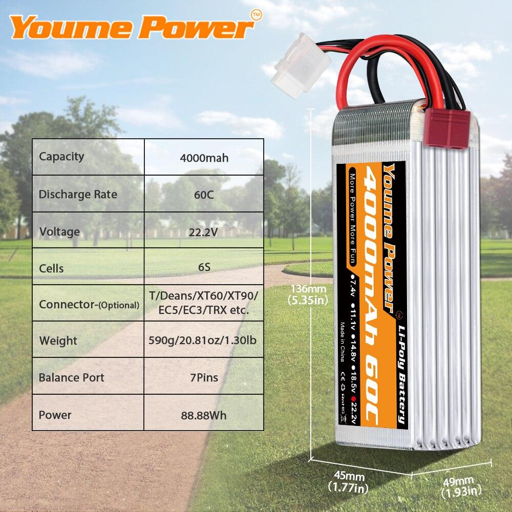 2PCS Youme 22.2V 6S Lipo Battery - 3300mah 4500mah 5200mah 6200mah 6500mah T Deans XT60 XT90 EC5 EC3 RC Parts