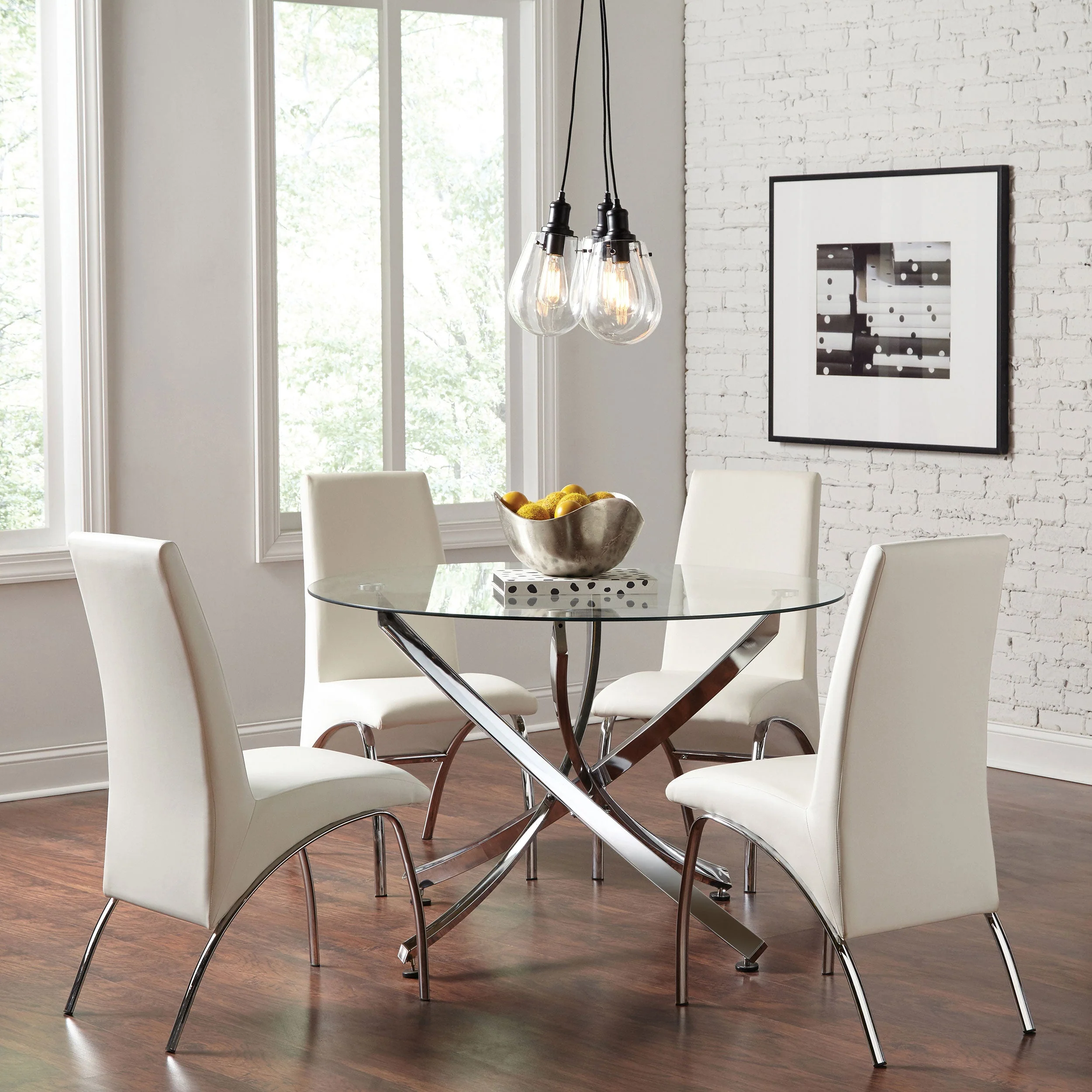 Beckham  Round Glass Top Dining Set Chrome and White