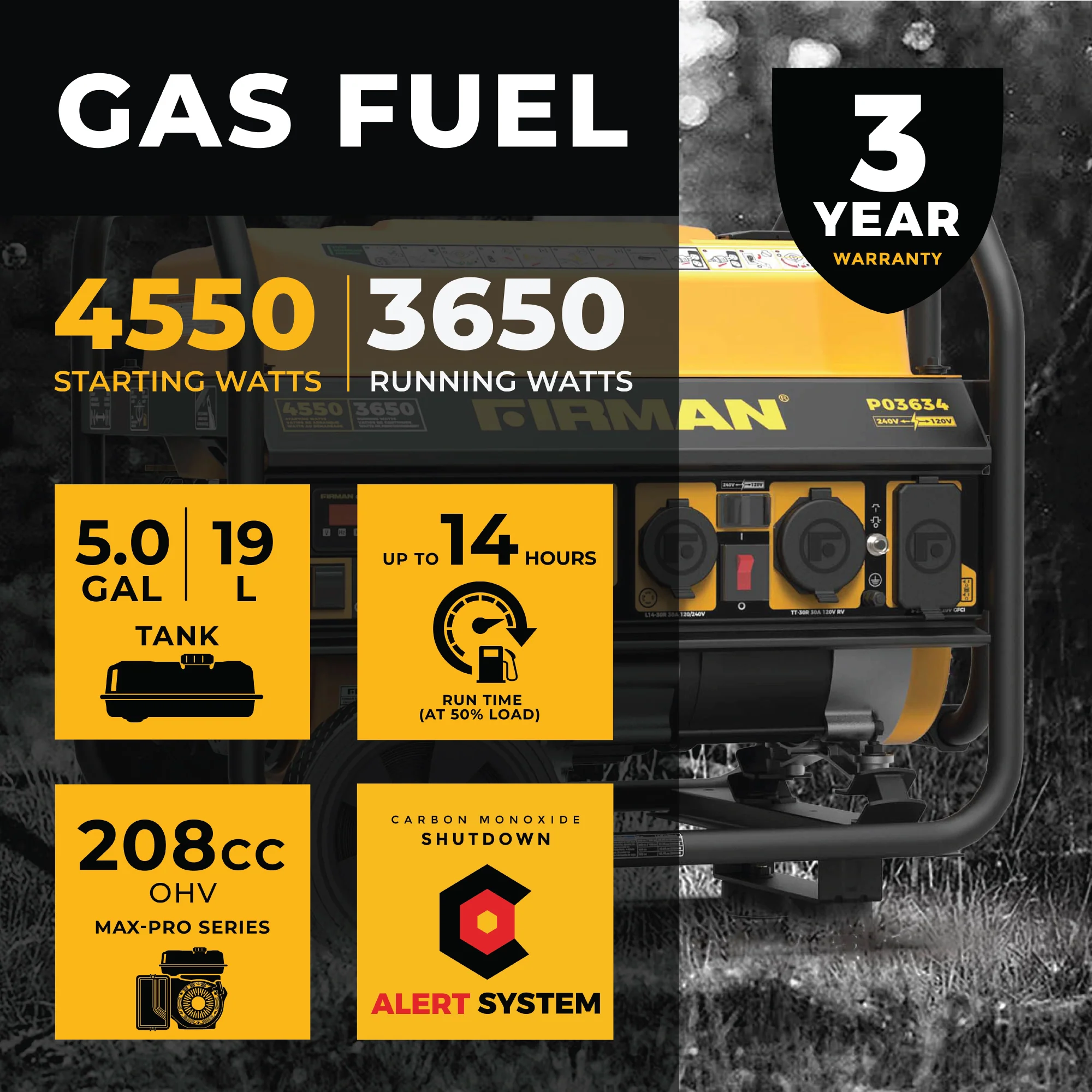 Gas Portable Generator 4550W Recoil Start 120/240V with CO ALERT
