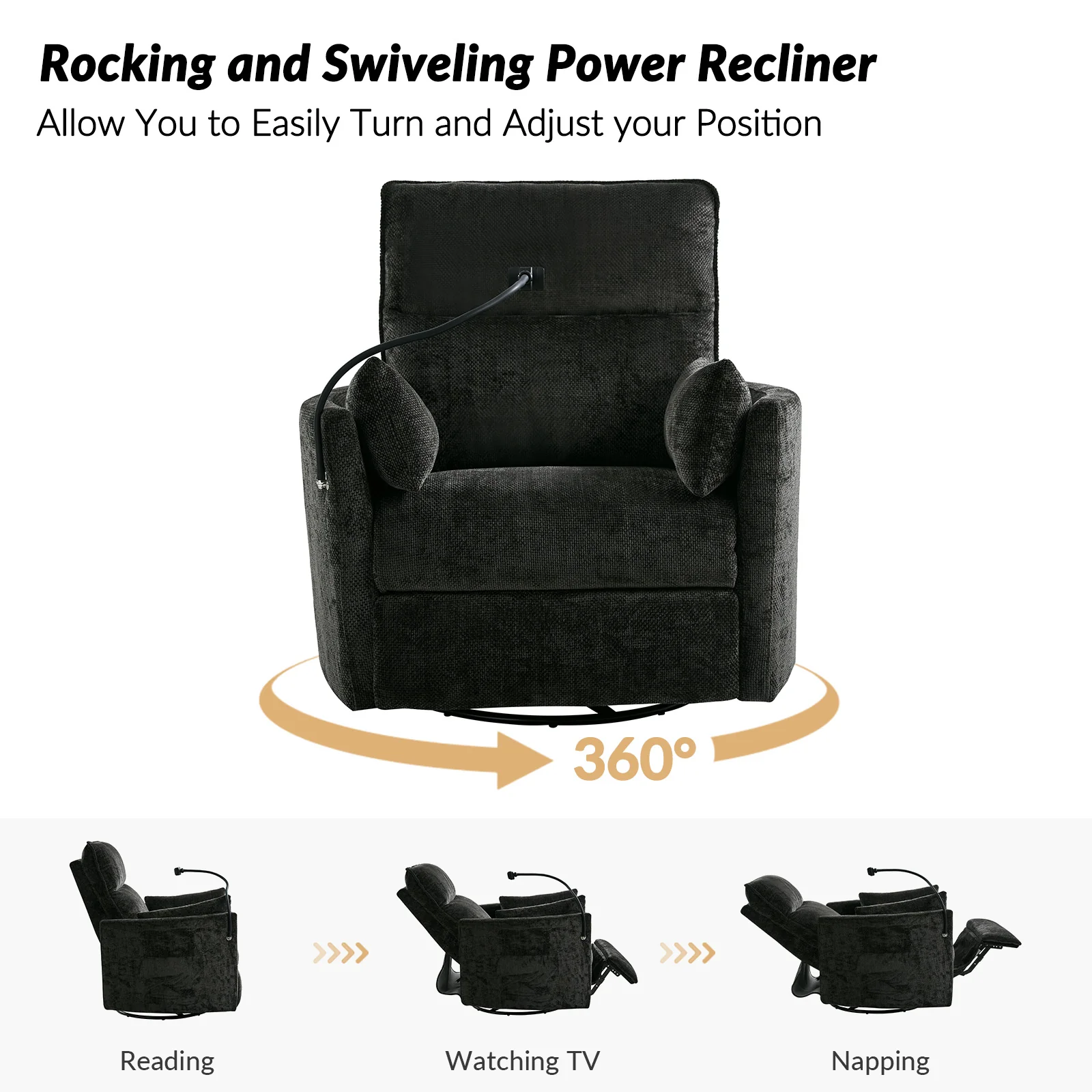 Archibald Power Rocking Swivel Nursery Recliner in Charcoal