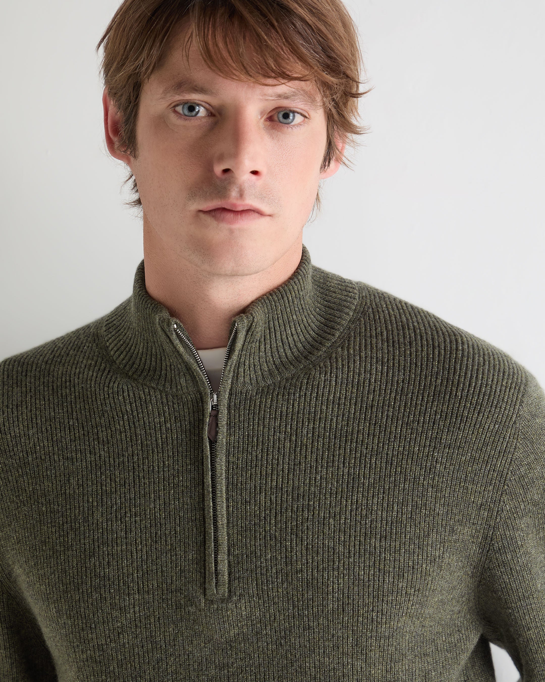 Men's Ribbed Half Zip Cashmere Jumper Moss Green