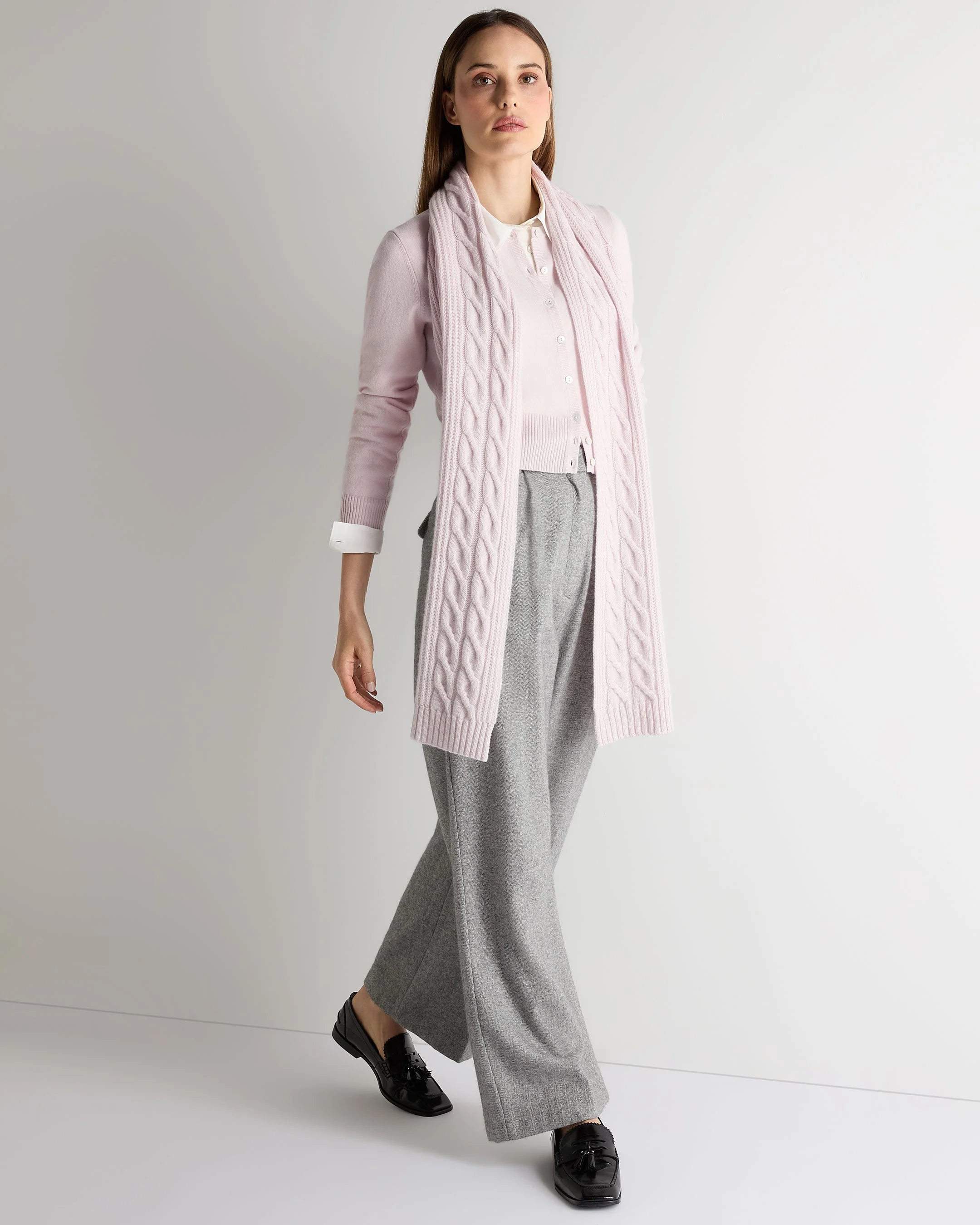 Unisex Cable Rib Cashmere Scarf Chalk Pink