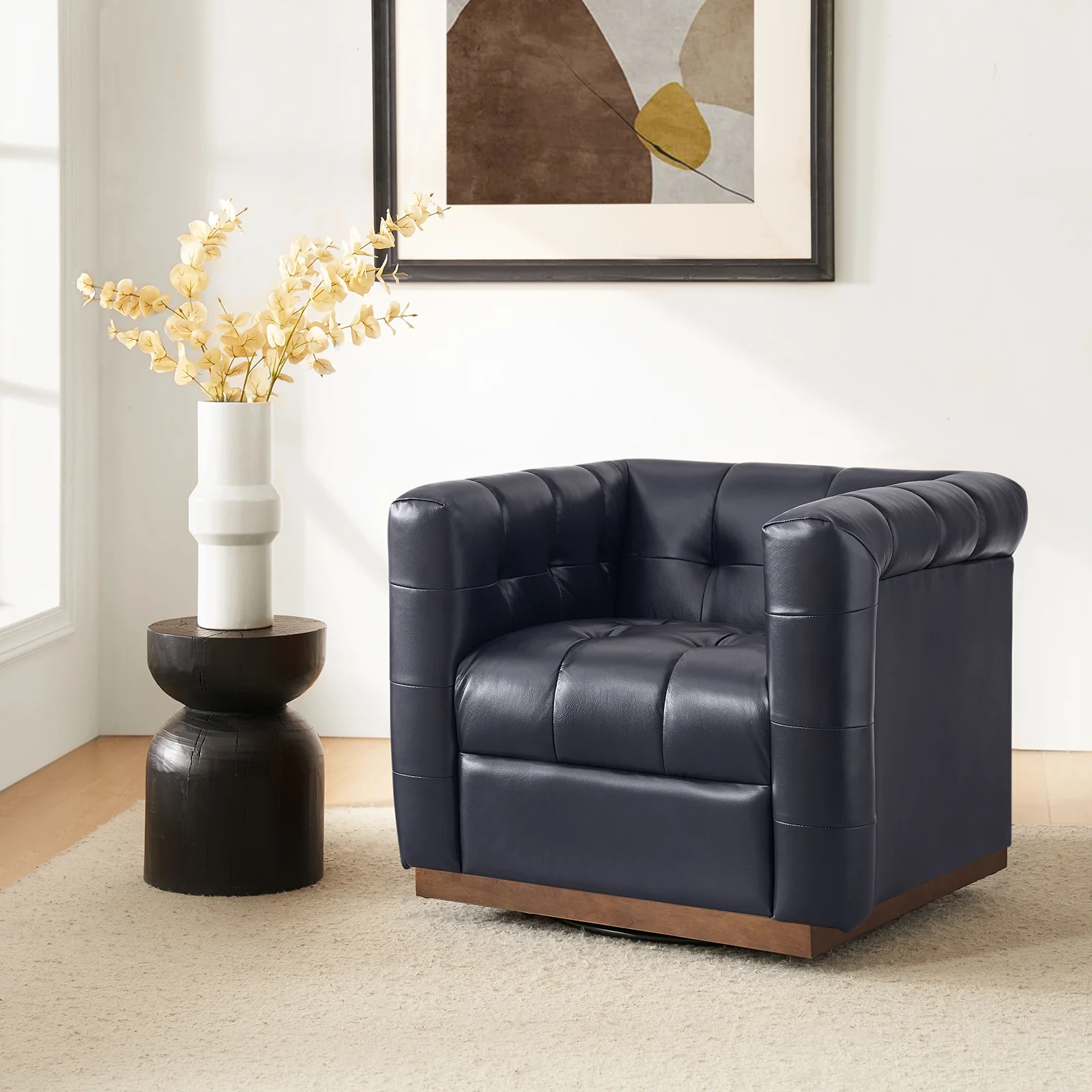 Arnold Genuine Leather Swivel Club Chair in Navy